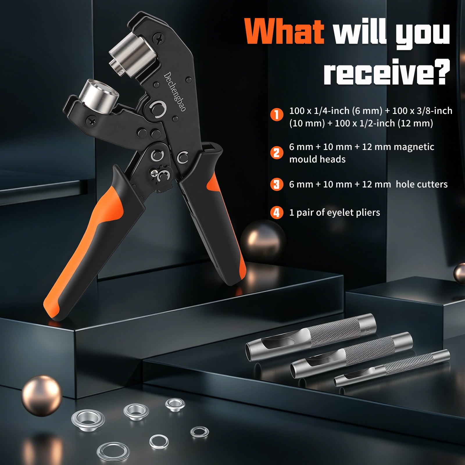 Ratchets Ösenzangen-Set mit 300 Metallösen, Lochwerkzeug mit 1/4", 3/8", 1/2" Bohrgrößen für Planen, Zelte, Leinwand, Vinyl und Lederverarbeitung