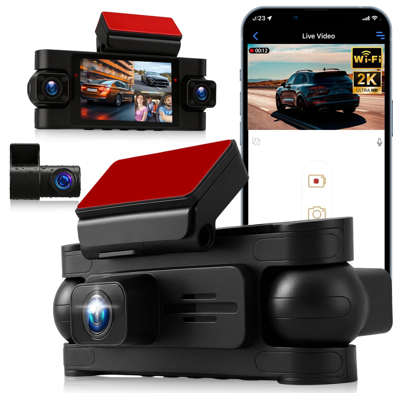 Dash Cam Auto 360 Gradi, 4 Canali Telecamera Frontale Retro e Interna con GPS e 5G WiFi, 2K+3 * 1080P, Schermo IPS da 3 Pollici, Visione Notturna, Modalità Parcheggio 24/7, G-Sensore
