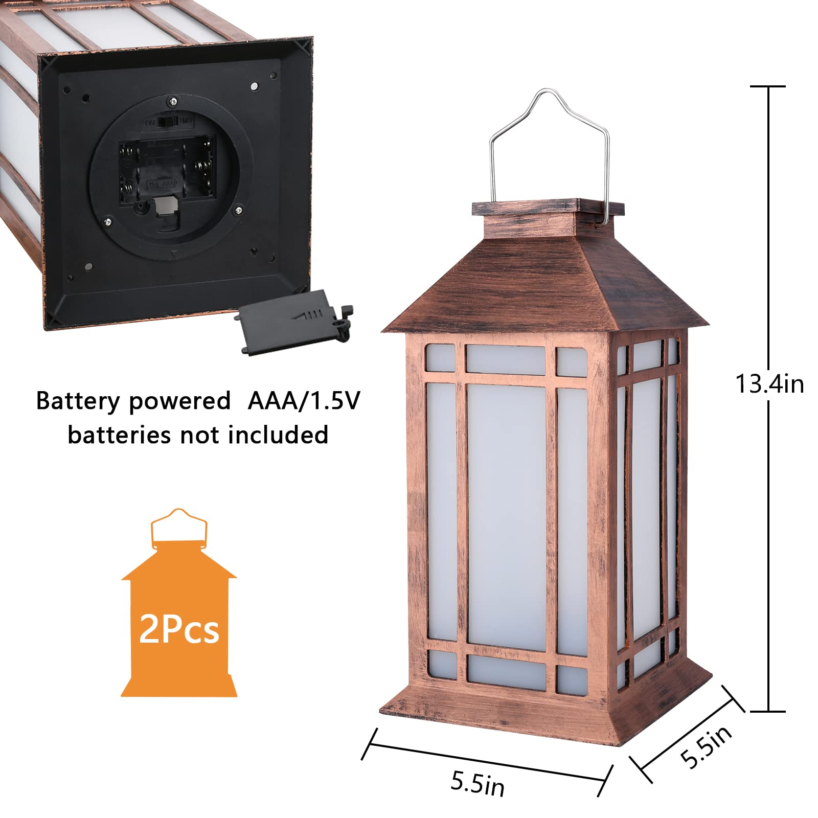 Paquete de 2 faroles de vela vintage de 13 pulgadas con vela LED sin llama (temporizador de 6 horas), impermeable IP65, funciona con pilas, faroles colgantes para patio al aire libre, faroles 6