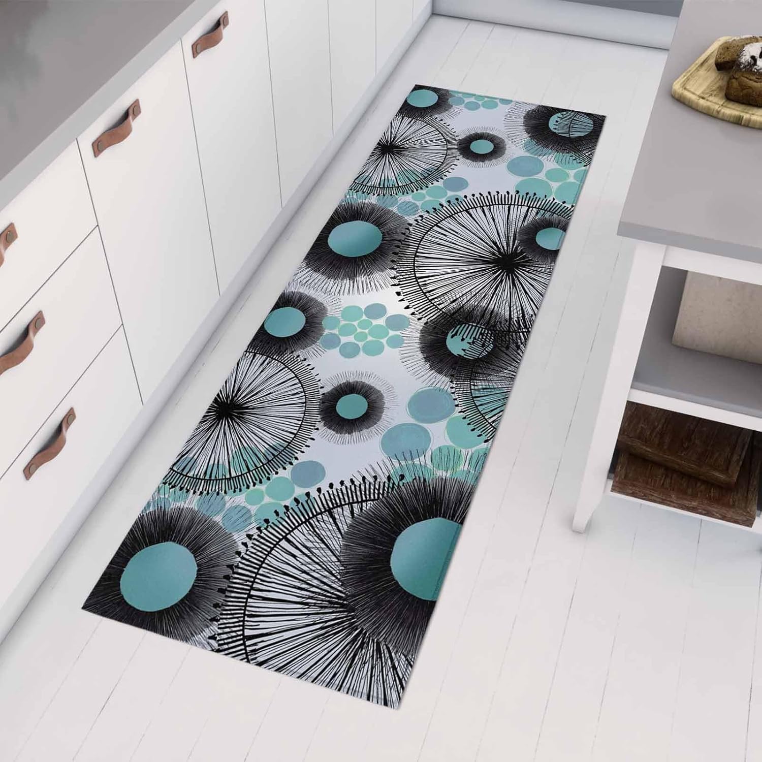 Teamery Kitchen Mats for Floor Boho Blue Flower Green Color Block Washable Non Slip Kitchen Rugs 1PCS, Abstract Minimalist Art Absorbent Standing Mats for Sink Bathroom Office Living Room 23.6x70.9in