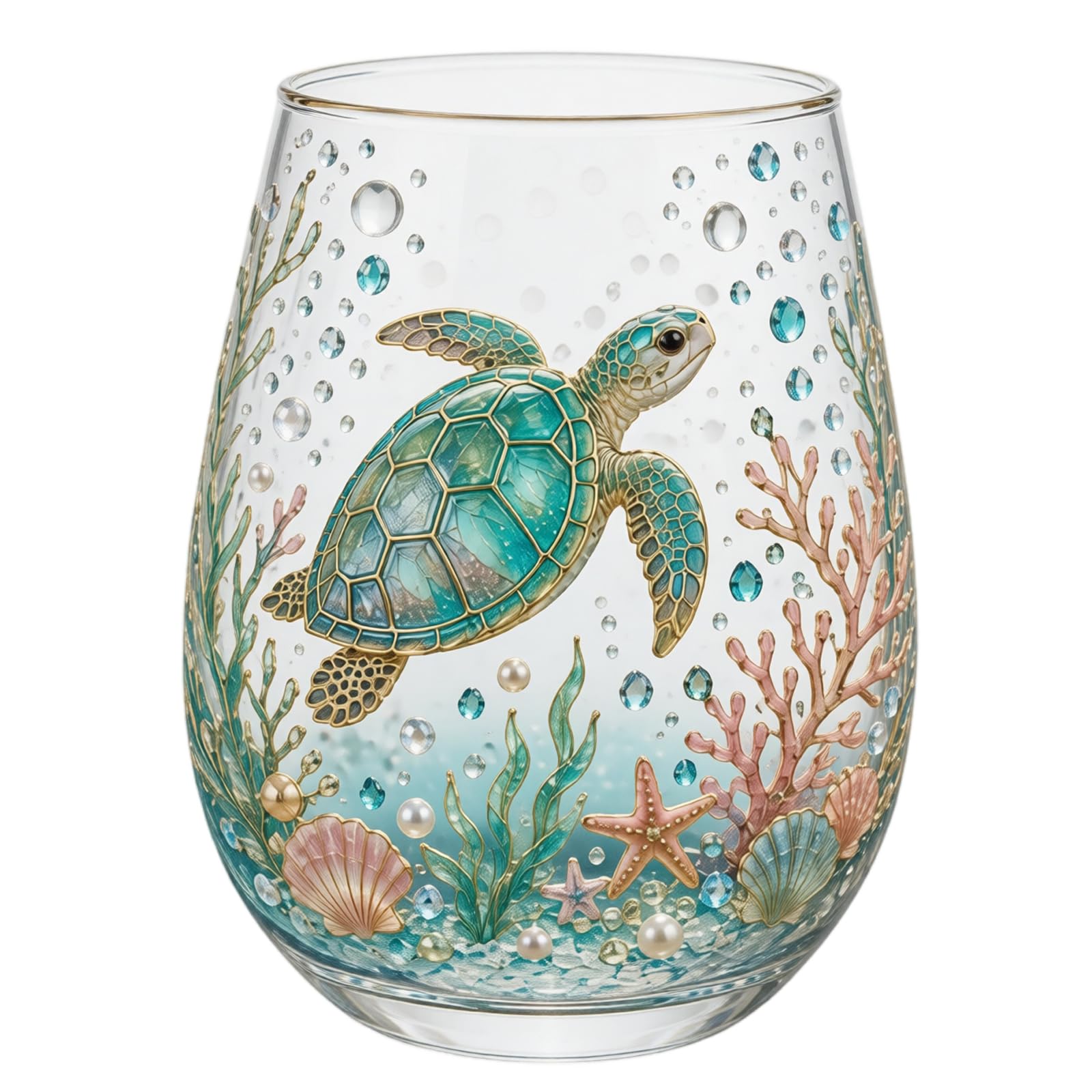 Glass Tumbler with 3D Sea Turtle and Coral Design, Gold Rimmed, Hand-Painted, Ocean-Themed, Nature Art Decorative Tea Cup Gifts for Women (1, Multicolor)