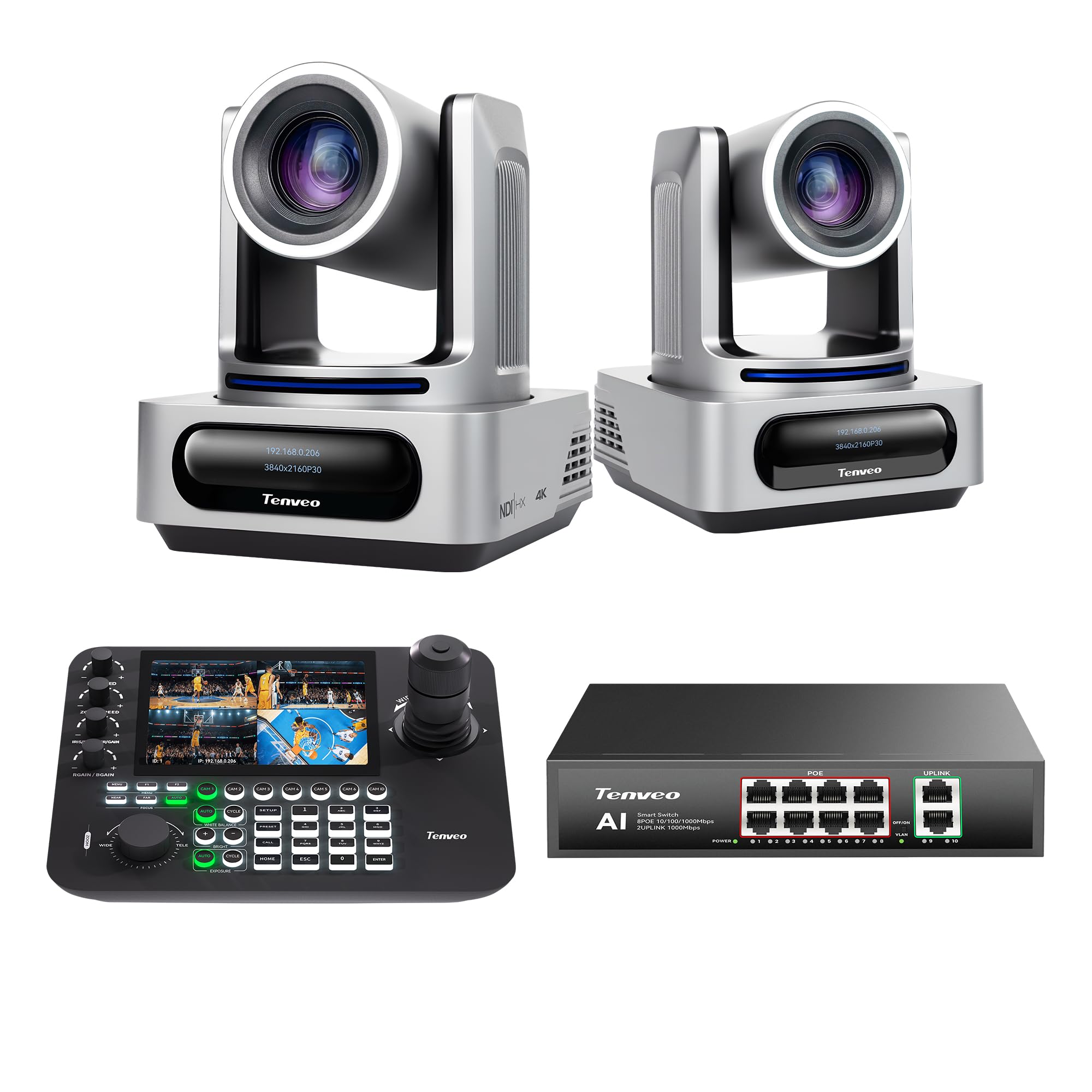 Pack Caméra PTZ Tenveo - 2 Caméra PTZ 4K NDI 6 & NDI HX3, Zoom 20X, Suivi IA, HDMI/USB3.0/LAN(PoE) + Contrôleur Joystick NDI avec Écran Quadruple de 7 Pouces + Switch PoE
