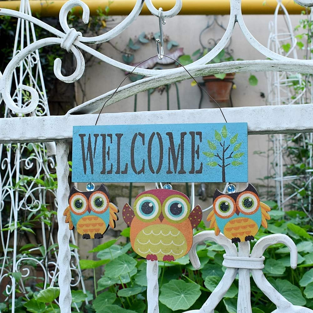 Owls Welcome Sign Wooden Hanging Welcome Door Sign for Porch Patio - Wood Door Décor Home Garden Decorative Wall Ornament (Blue)