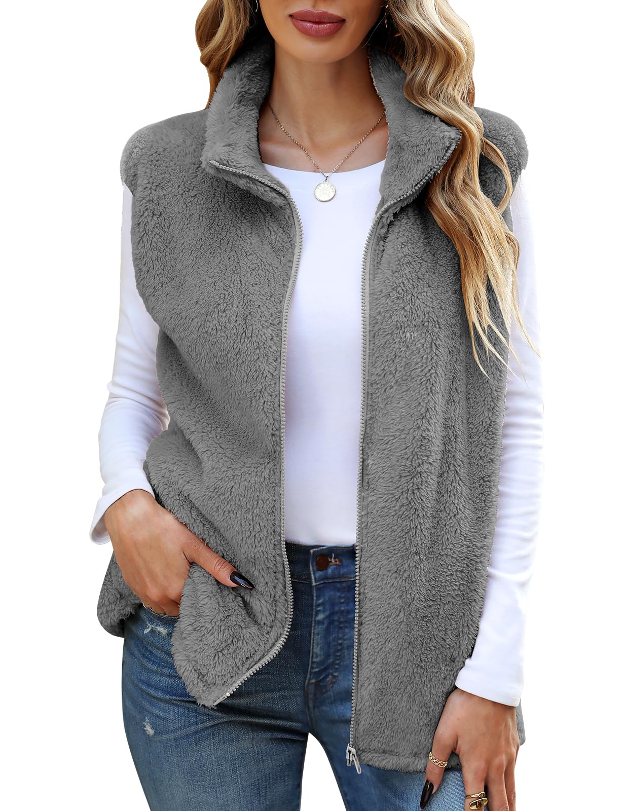 Fuinloth Dames Fleece Gilet, Lichtgewicht Bodywarmers Mouwloze Vest met Ritszakken Wijn Rood M