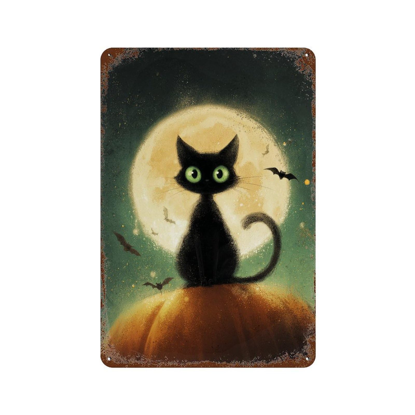Halloween Black Cat Pumpkin Art Print-1 Weathered Tin Sign 11.8"x7.9", Rustic Home Decor for Garage, Bar And Workshop Decor