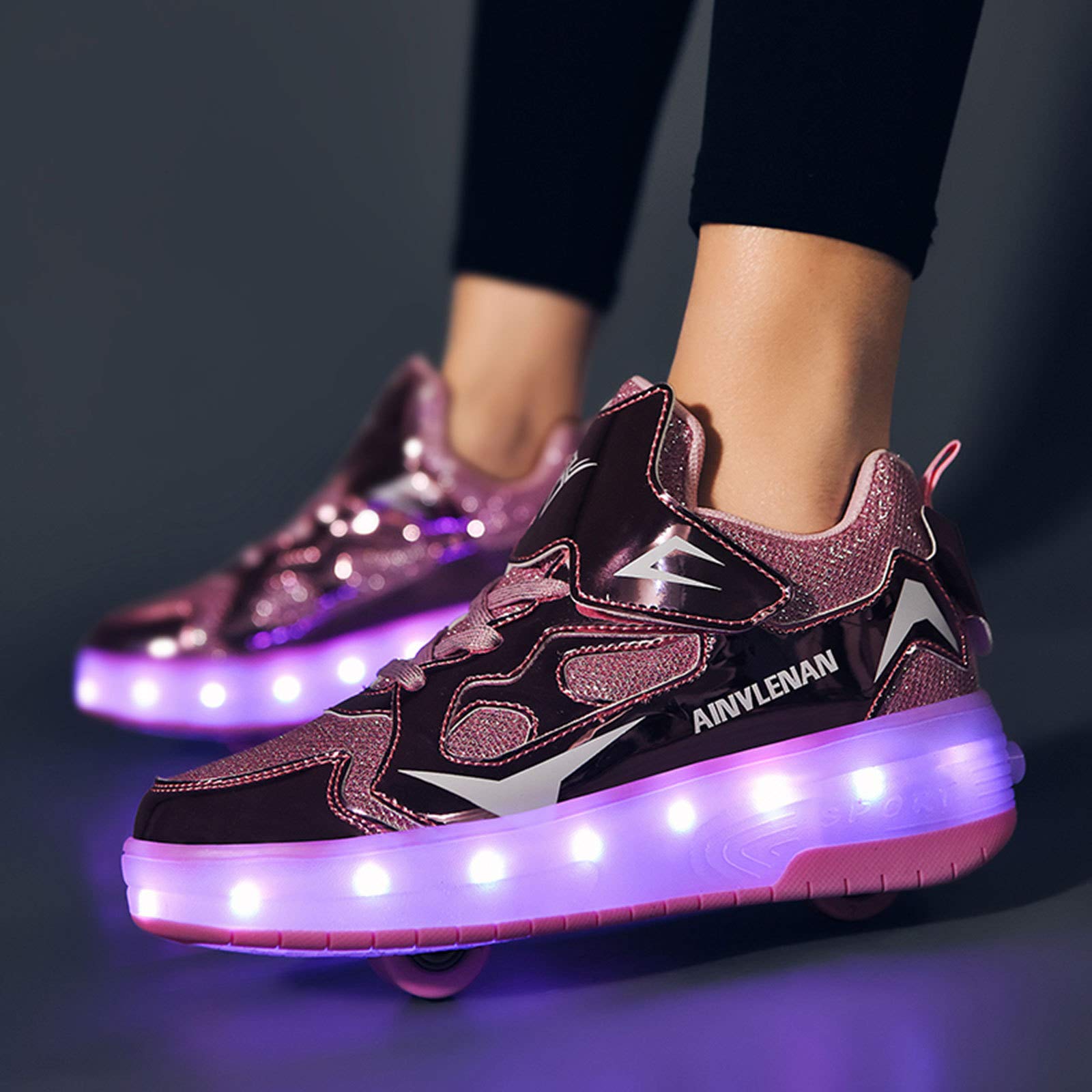 RDJSHOP Zapatos de Patinaje con Luces LED para Niños Carga USB Ilumina Zapatos Luminosos Niños Niñas Moda Casual Skateboarding Técnico Retráctil con Ruedas Dobles,Pink-12UKChild/30EU