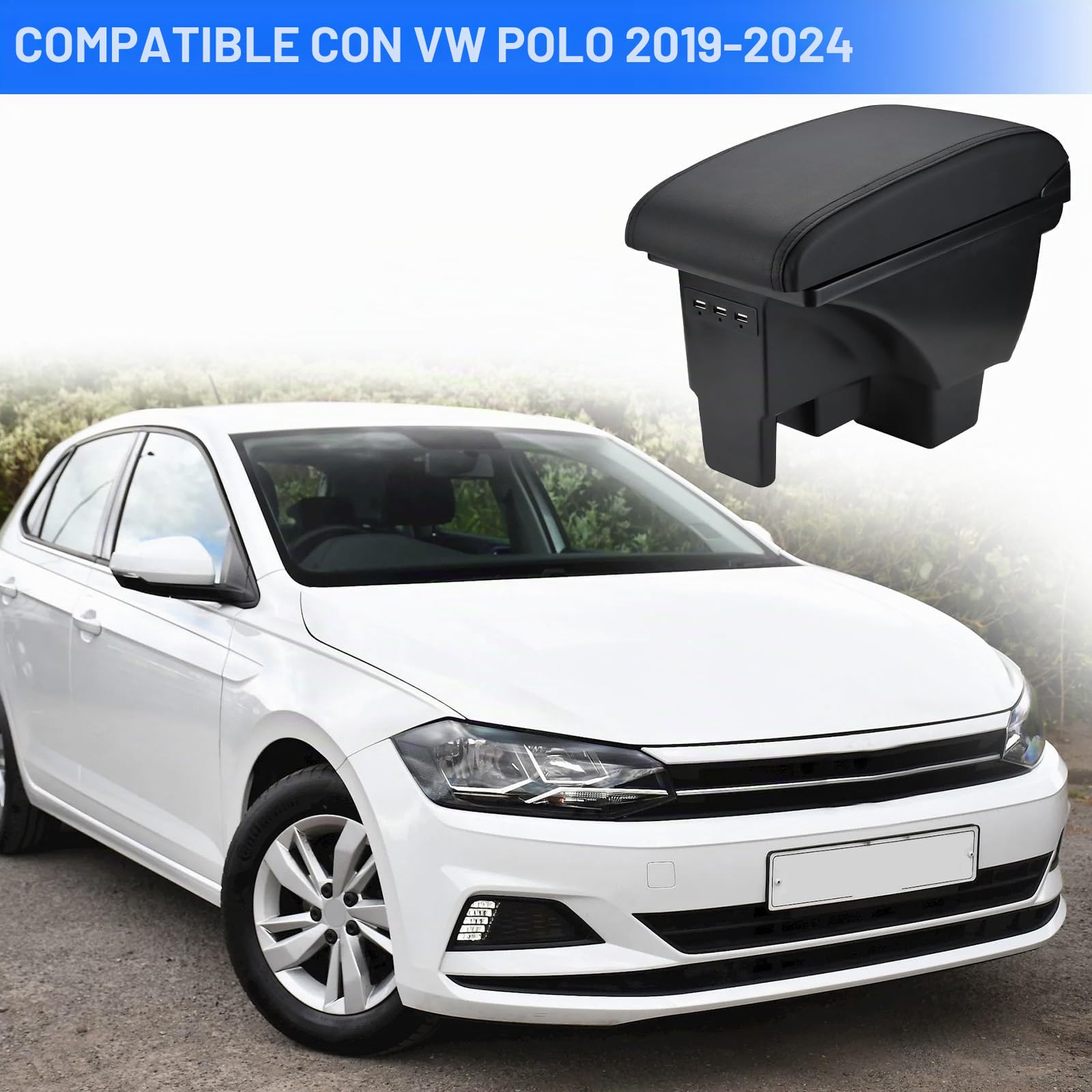 Apoyabrazos Compatible con VW Polo 2019 2020 2021 2022 2023 2024 Apoya Brazos Coche Consola Reposabrazos Central Tapizado Caja de Almacenamiento Cuero con 3 Puertos USB - Cuero Negro de la PU