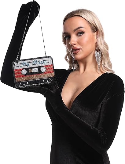 Mini Pochette De Soirée En Strass Rétro 'Listen To Me' - Cristaux, Fermoir Métal, Chaînes Amovibles