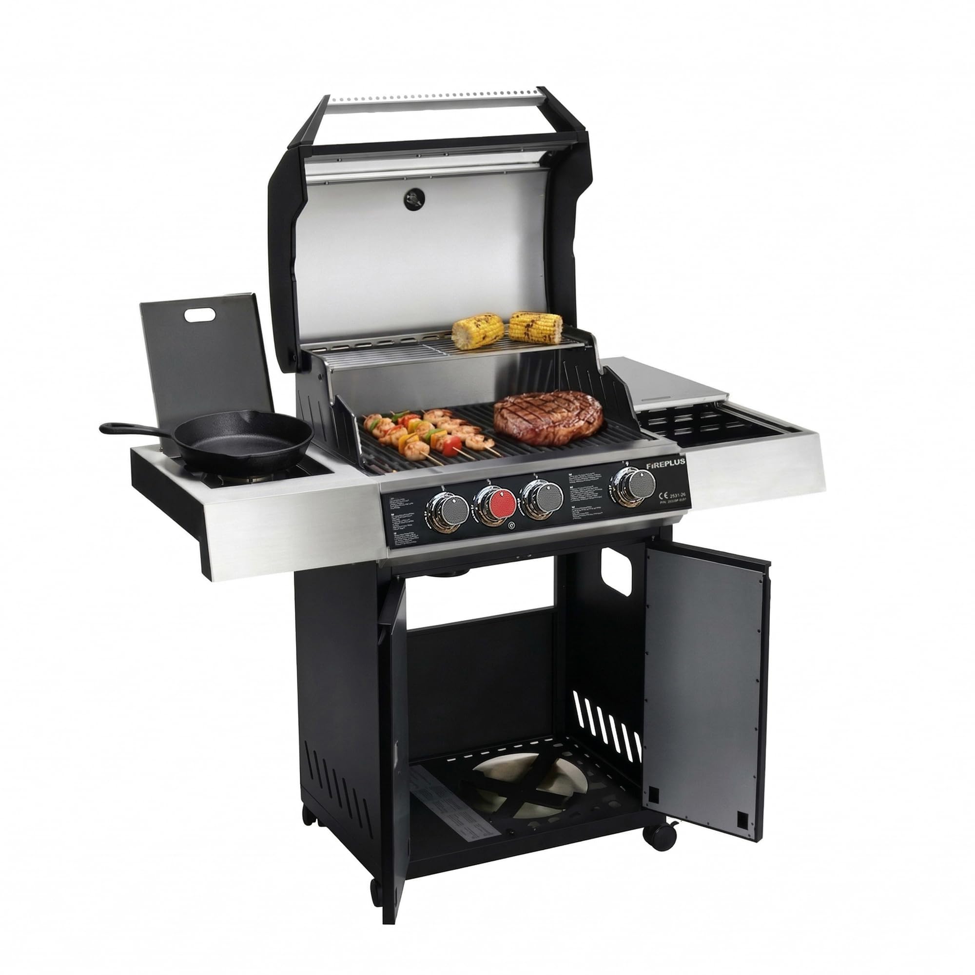Amig - Barbecue à gaz XL Fireplus GRILL-2 4F - 129 x 55 x 115 cm - Surface de cuisson 60 x 41,5 cm - Avec thermomètre, tablette latérale, placard et roues avec frein - Grille en fonte - Noir