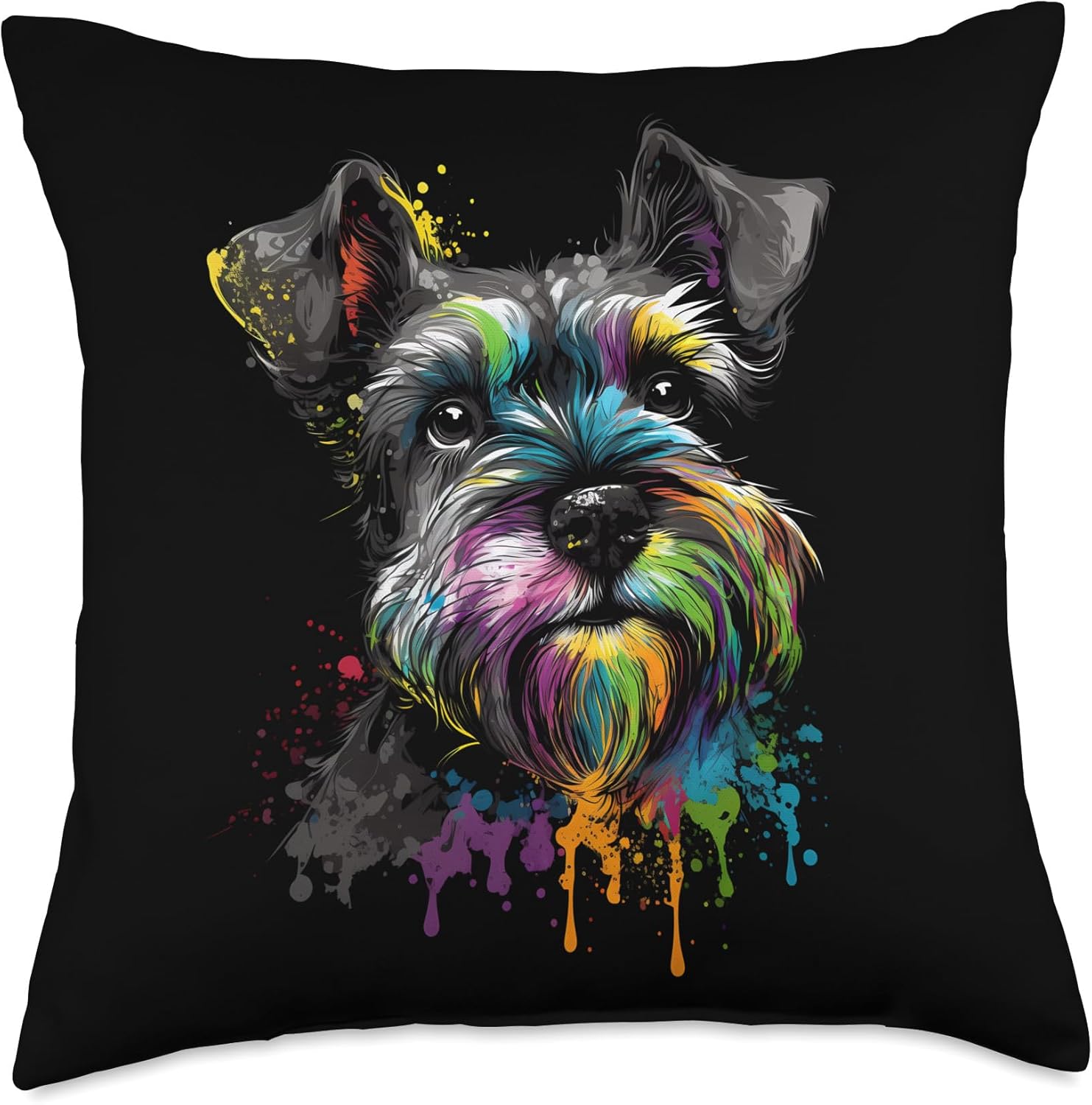 Mini Miniature Schnauzer Face Colorful Dog Art Black Throw Pillow