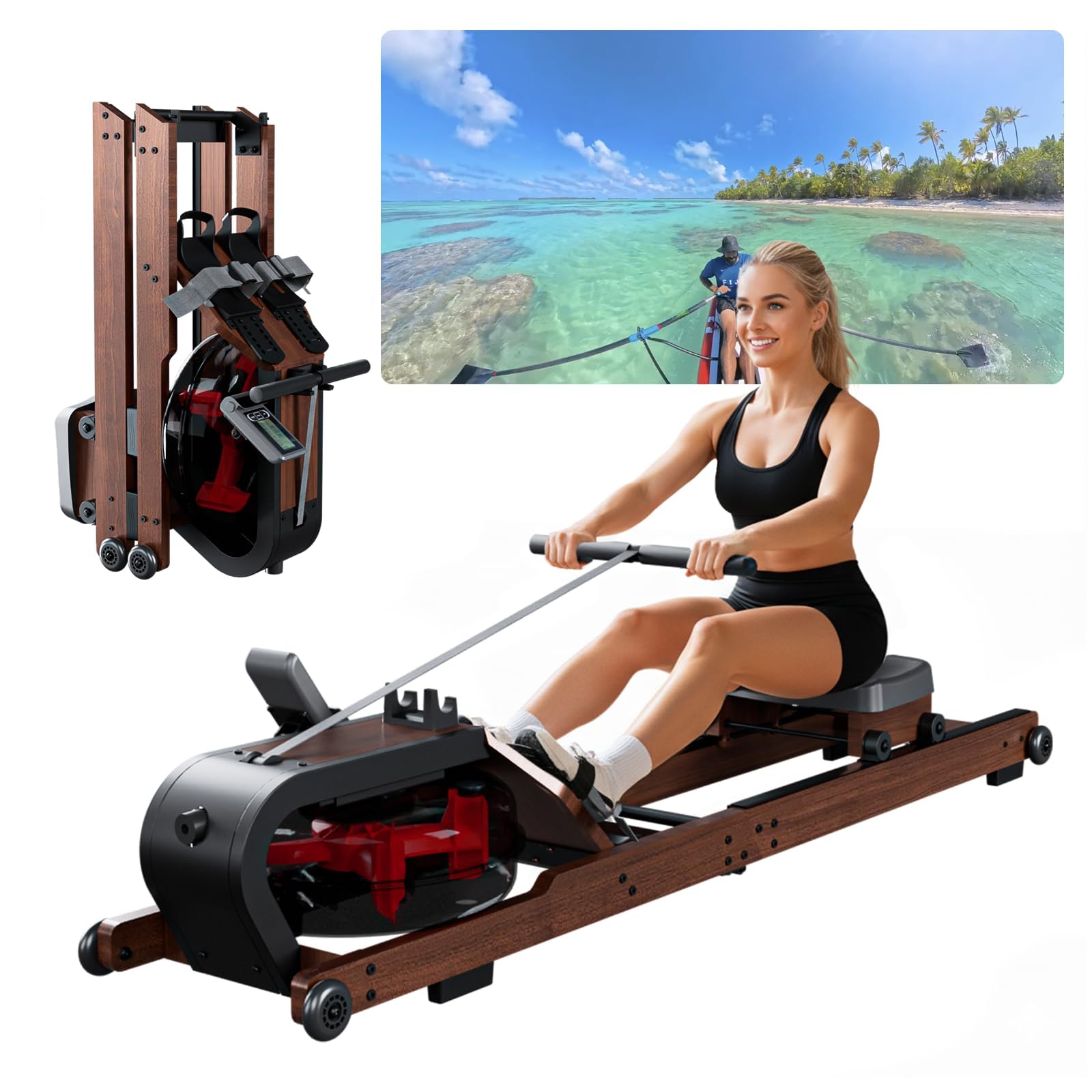 Vogatore ad Acqua Pieghevole per Casa in Legno di Bambù, Rematore Professionale Bluetooth Kinomap, Vogatore Salvaspazio Silenzioso con Monitor LCD, Supporto Tablet e Allenamento Total Body