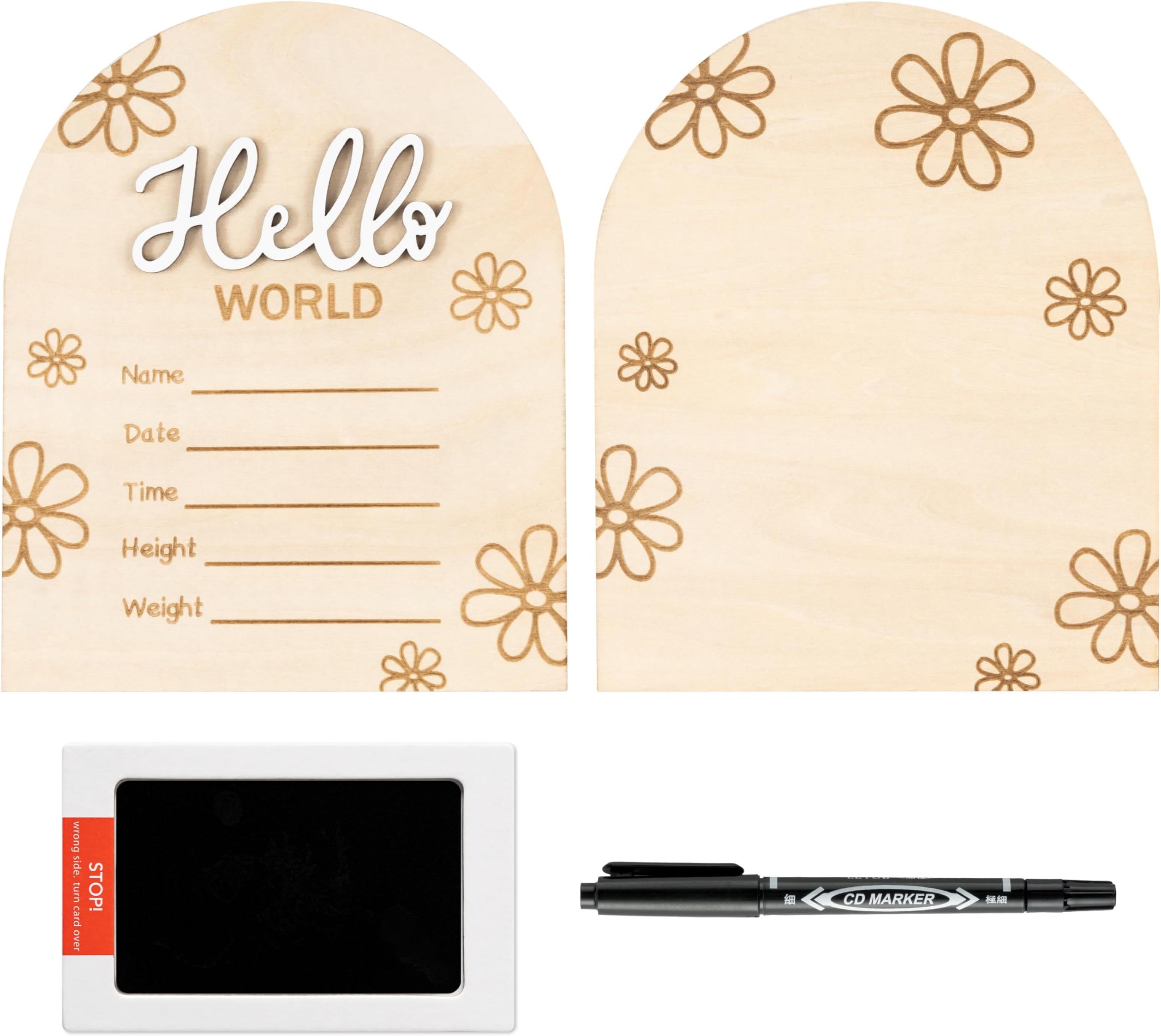 R HORSE Baby Birth Announcement Sign with Marker Pen, 3D Wooden Hello World Birth Sign with Ink Pad for Hand and Footprints, Double-Sided Daisy Newborn Name Announcement for Baby Shower Keepsakes