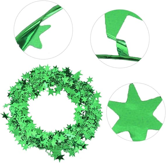 Star Tinsel Garlands with Wire, 25FT Star Brace Garlands for Home Wedding Birtahday Party Decorations Xmas Trees Decor(Green)
