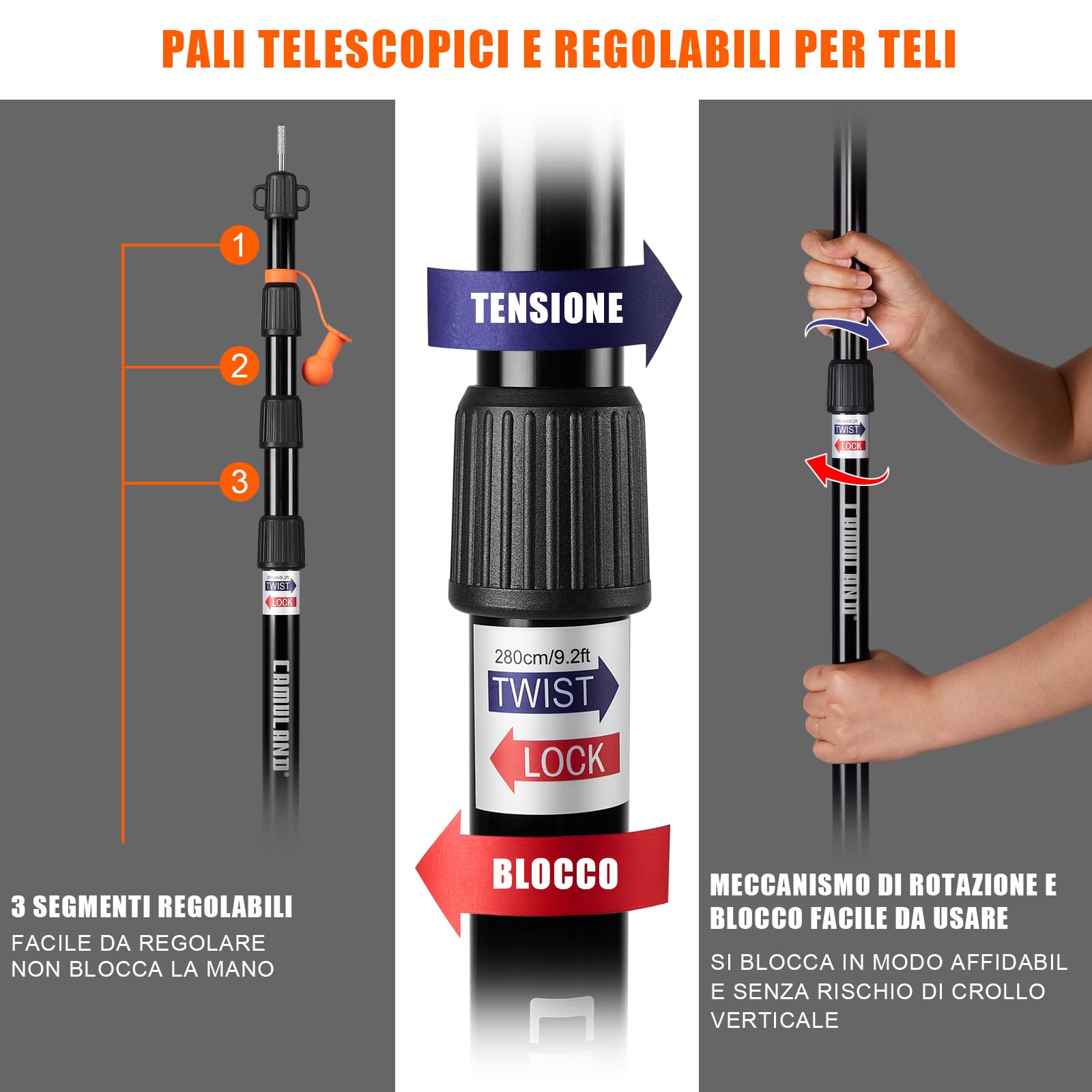 Pali per tenda, CAMULAND Set di 2 Pali per Tenda Heavy Duty, 34,5 "- 110,2" pali per tenda in alluminio per tenda regolabili (nero)