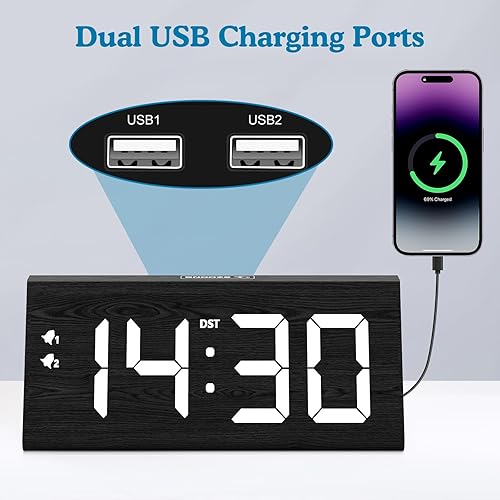 Miniatura 4 de fomobest Reloj despertador digital de madera, 0-100% atenuador, doble configuración de alarma, modo día laboraldiario, repetición de 9 minutos, 1224