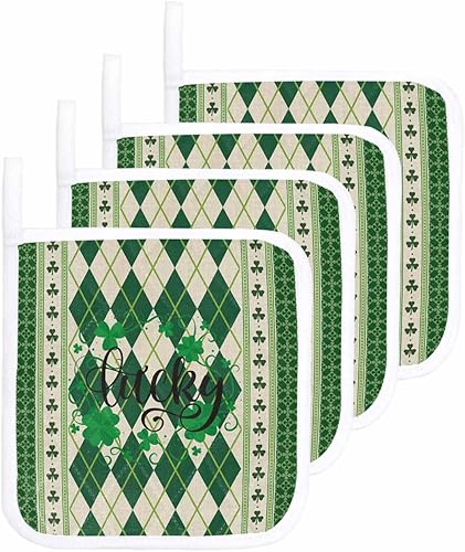 4 Packs St. Patrick's Day Pot Holders Sets for Kitchen,Oven Pan Plate Bowl Pads Heat Proof Mat with Hanging Loop,Terry Cloth Potholders Soft Grip