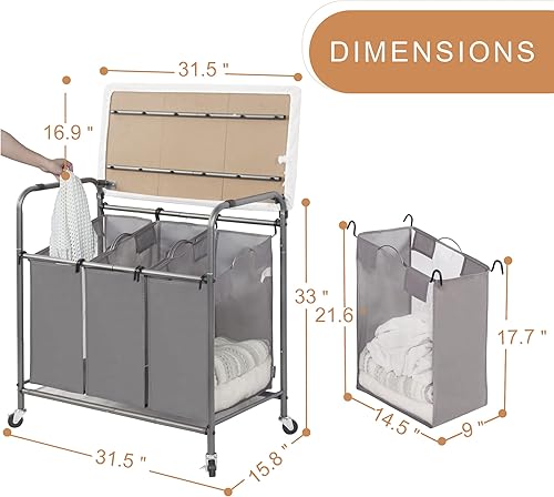 Miniatura 6 de STORAGE MANIAC - Clasificador de lavandería de 3 secciones con tabla de planchar plegable, carrito de lavandería resistente con ruedas y bolsas