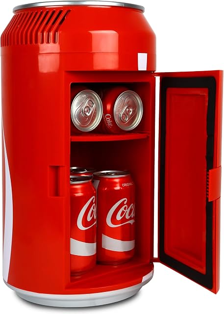 Coca Cola 5.4L 8 Can Portable Coke Mini Fridge, Thermoelectric 12 V Cool Box, Compact Personal Travel Car Refigerator for Snacks Lunch Drinks, AC Cords, Desk Accessory for Home Office Camping, Red