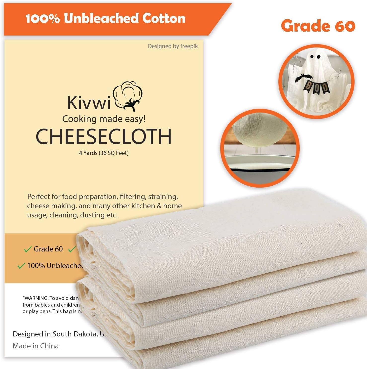 Kivwi Cheesecloth, Grade 60, 36 Sq Feet, Reusable, 100% Unbleached Cotton Fabric, Ultra Fine Cheesecloth for Cooking - Nut Milk Bag, Strainer, Filter (Grade 60-4 Yards)