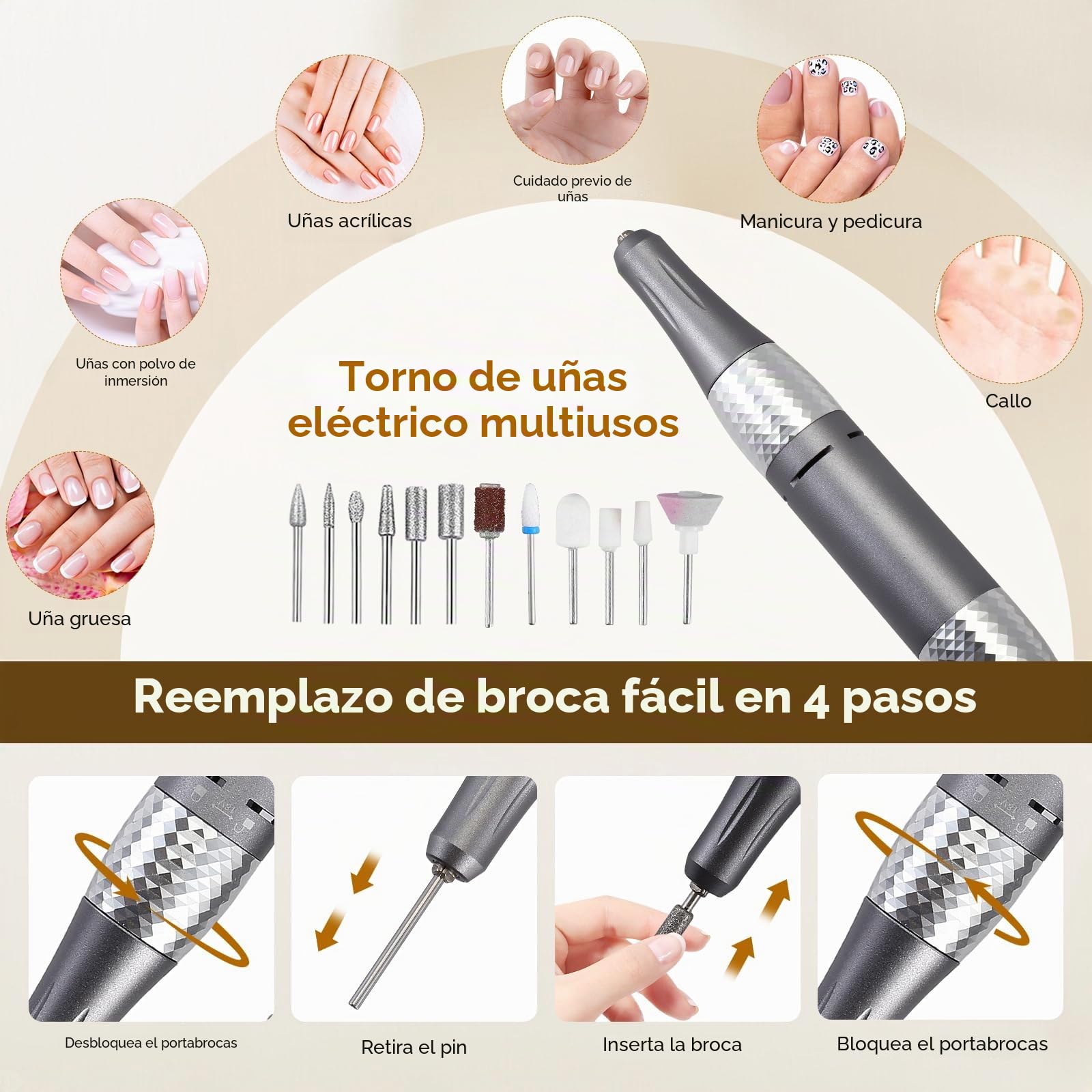 Torno de uñas eléctrico 45.000 rpm - Pantalla LCD - 56 cintas abrasivas - 11 agujeros - Estación de carga USB - Cortaúñas eléctrico para manicura y pedicura - Ideal para las