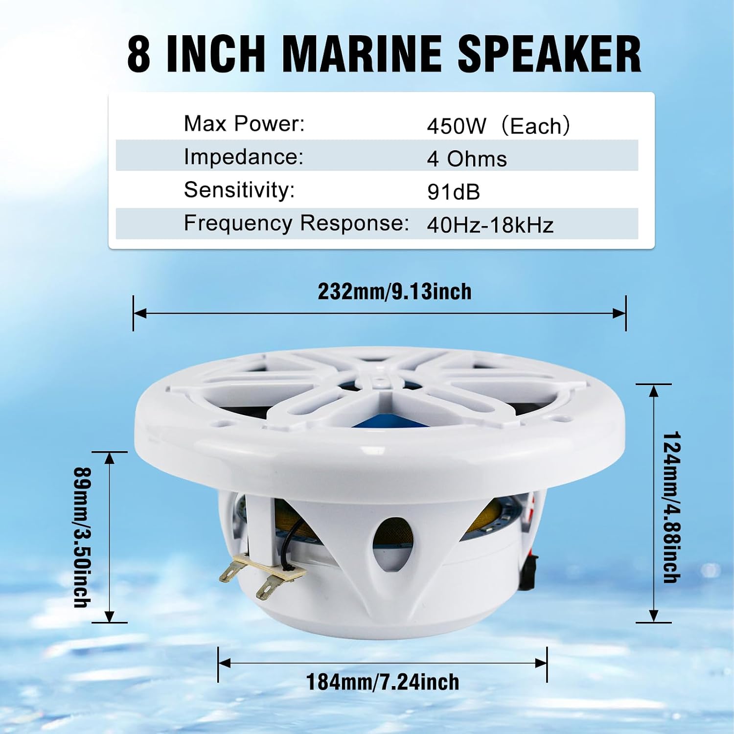 Herdio 8 Inch 450W Bluetooth Marine Speakers with Blue LED Light - 2 Way Waterproof Coaxial Speakers for Boats, ATVs, UTVs (A Pair, White)