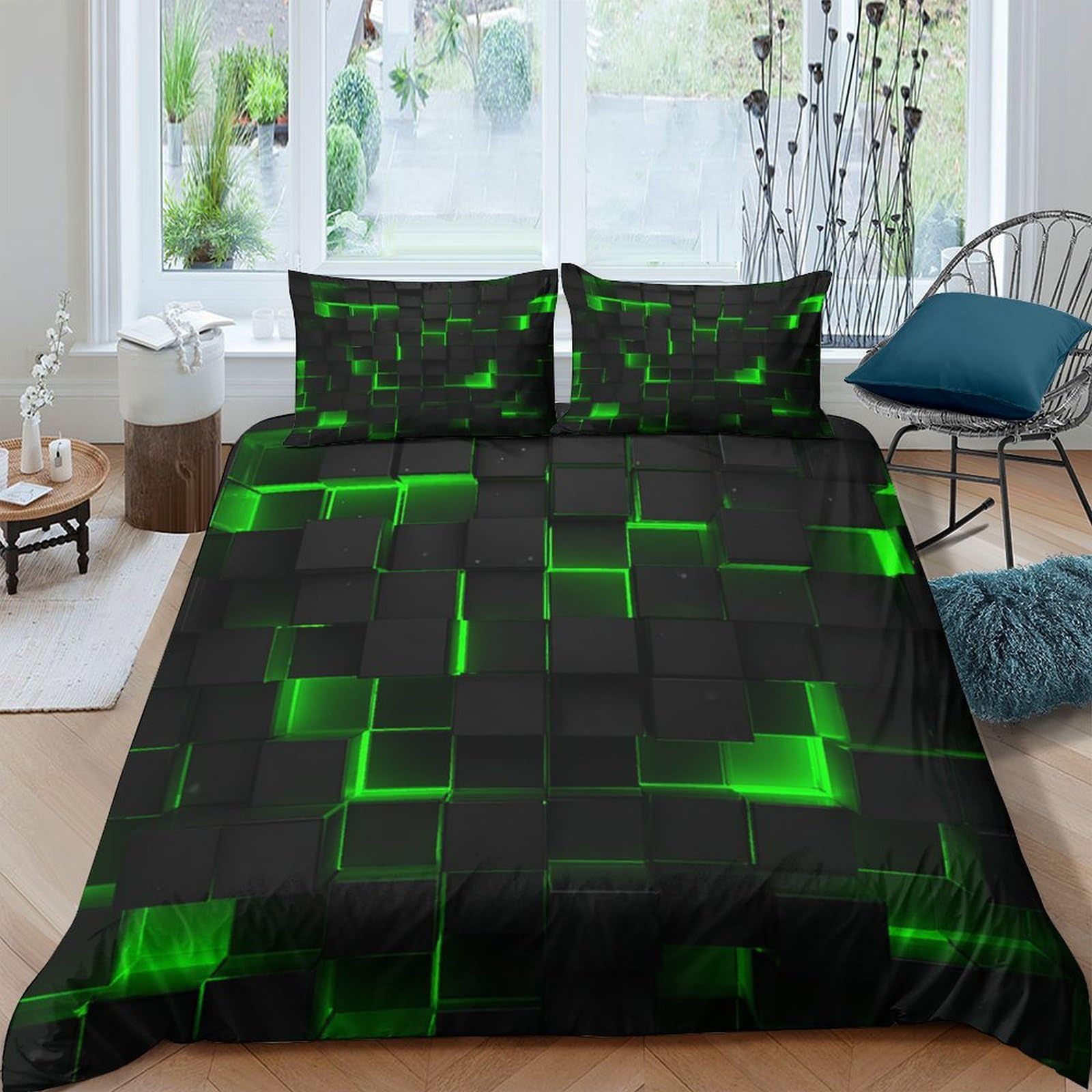 GPLZQXKJNH 3D Printed Neon Grid Duvet Cover Microfiber Black Green Quilt Cover with 2 Pillowcases for Bedroom Home Decor Single（135x200cm）