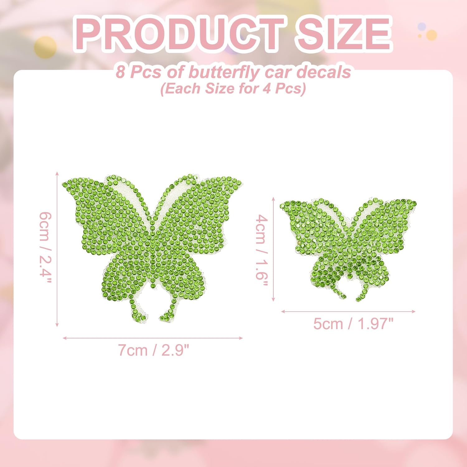 PATIKIL 8Pcs Butterfly Car Decals for Women, 2 Size Rhinestone Crystal Car Sticker Self Adhesive Glitter Sticker Decoration for Bumper Window Laptops Luggage, Light Green
