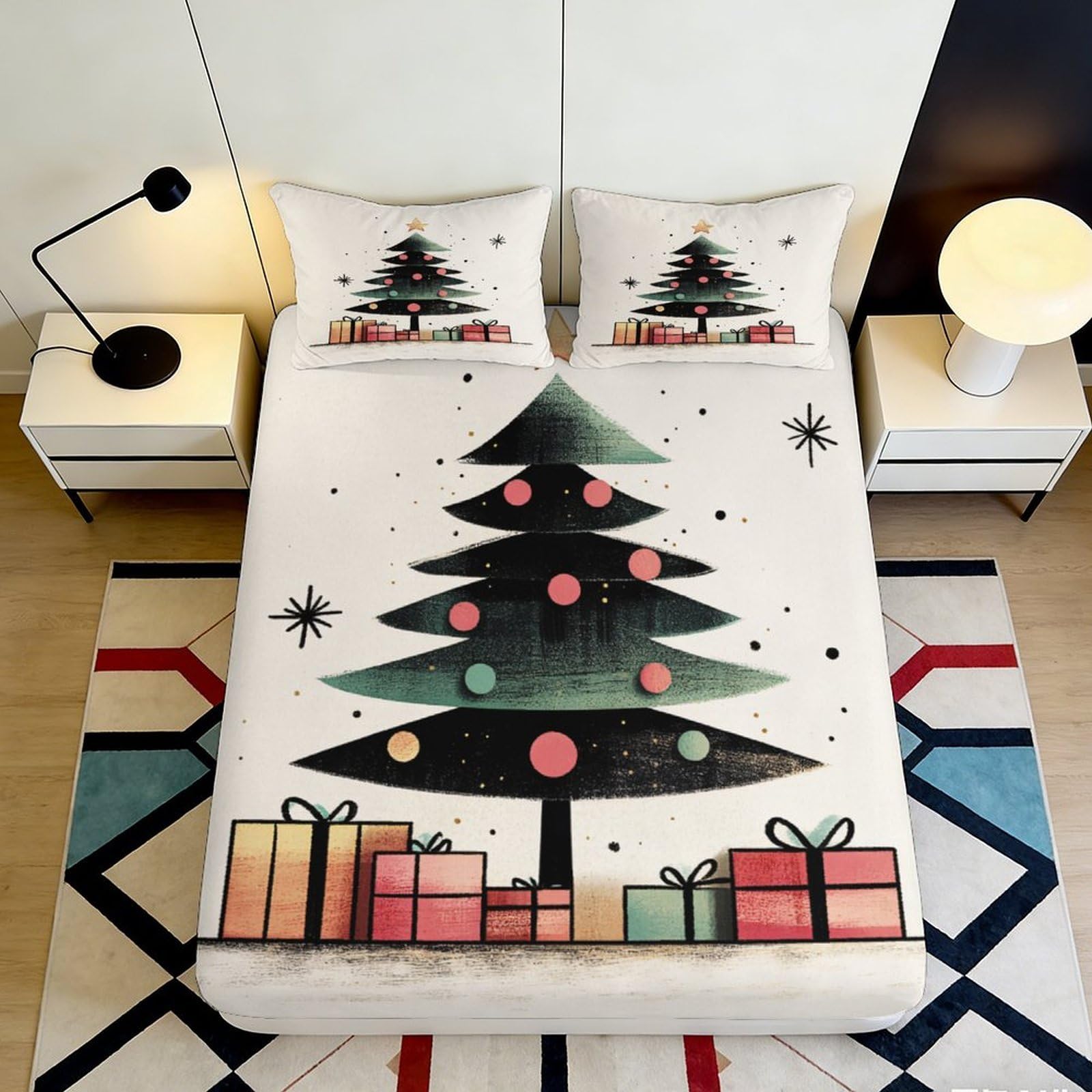 3D Printed Christmas Tree Fitted Sheet Microfiber Deep Pocket Non-Slip Bedroom Bedding Xmas Mattress Fitted Cover 90x200x25cm