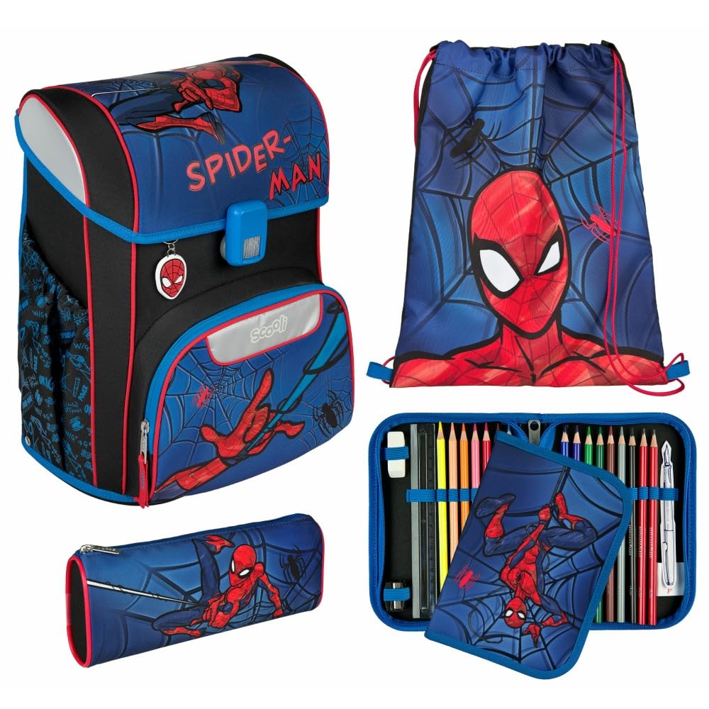 Scooli Schulranzen 1.Klasse Jungen EasyStart Schulranzen-Set "geeignet für Spiderman-Fans" (12tlg. mit Sporttasche, Brotdose, Trinkflasche, Stifteköcher, passend Geldbörse, Platzdeckchen, Schultüte)