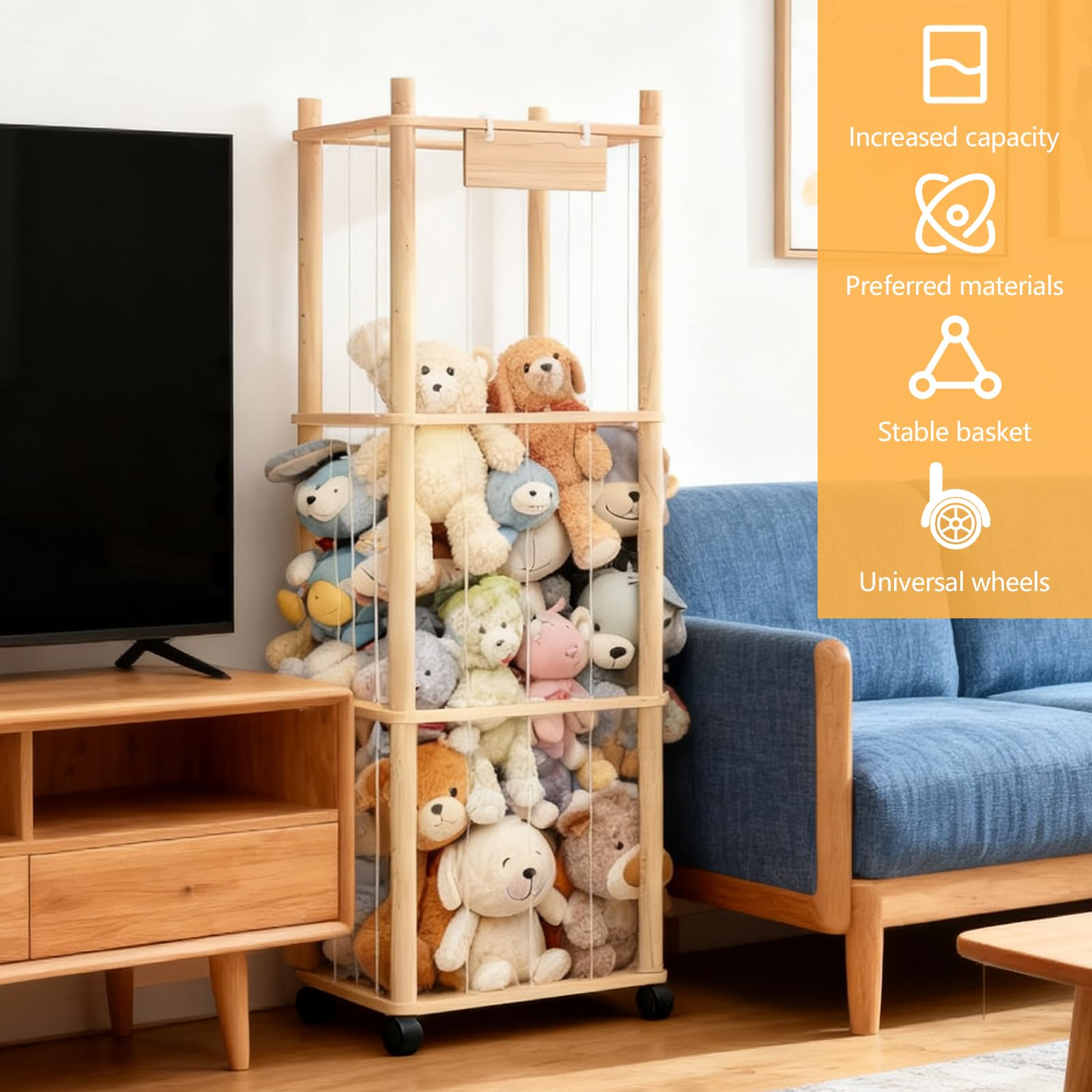 Almacenamiento Juguetes, Organizador Peluches de Madera con Reudas a 360°y Frenos Organizador Juguetes Infantil de Peluches Portaositos de Peluche para Habitaciones Infantiles, Salas de Juegos