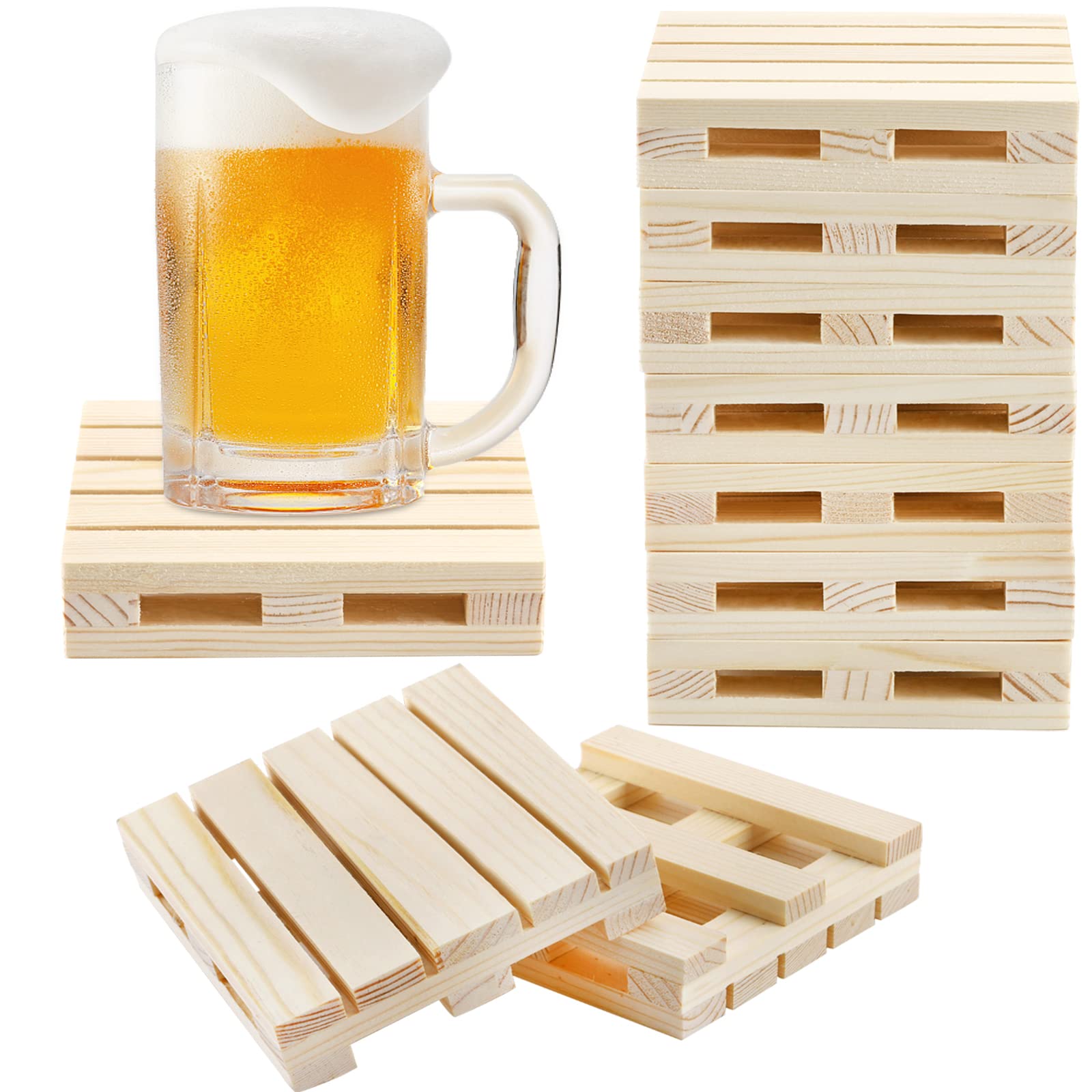 Lyellfe 10 Stück Holzuntersetzer, rustikale Mini-Palettenuntersetzer für Couchtisch, saugfähige isolierte Untersetzer für heiße kalte Getränke, Tischschutz, Basteln, Wein, Bier
