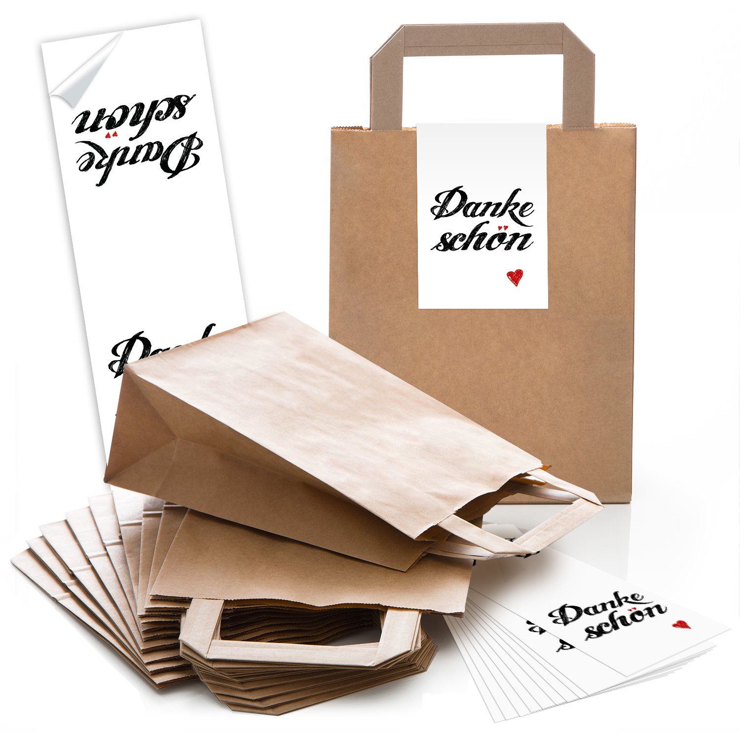 25 Marron Sacs Papier Sacs De Papier Sacs De Anse Avec Fond (18 X 8 X 22 Cm) Petites Poches Papier Avec Autocollant Banderole Remercie De Beau Avec Cœur Rouge