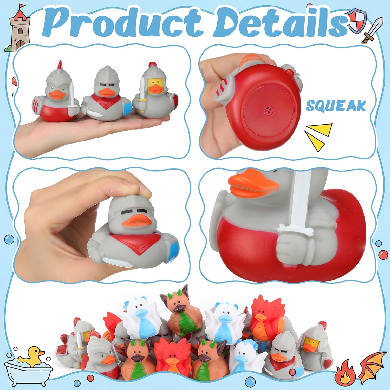 24 Pcs Medieval Party Favors Rubber Ducks Knights & Dragon Rubber Duck Bulk Mini Bath Gift for Birthday Pool Party Favors Decor 6 Designs