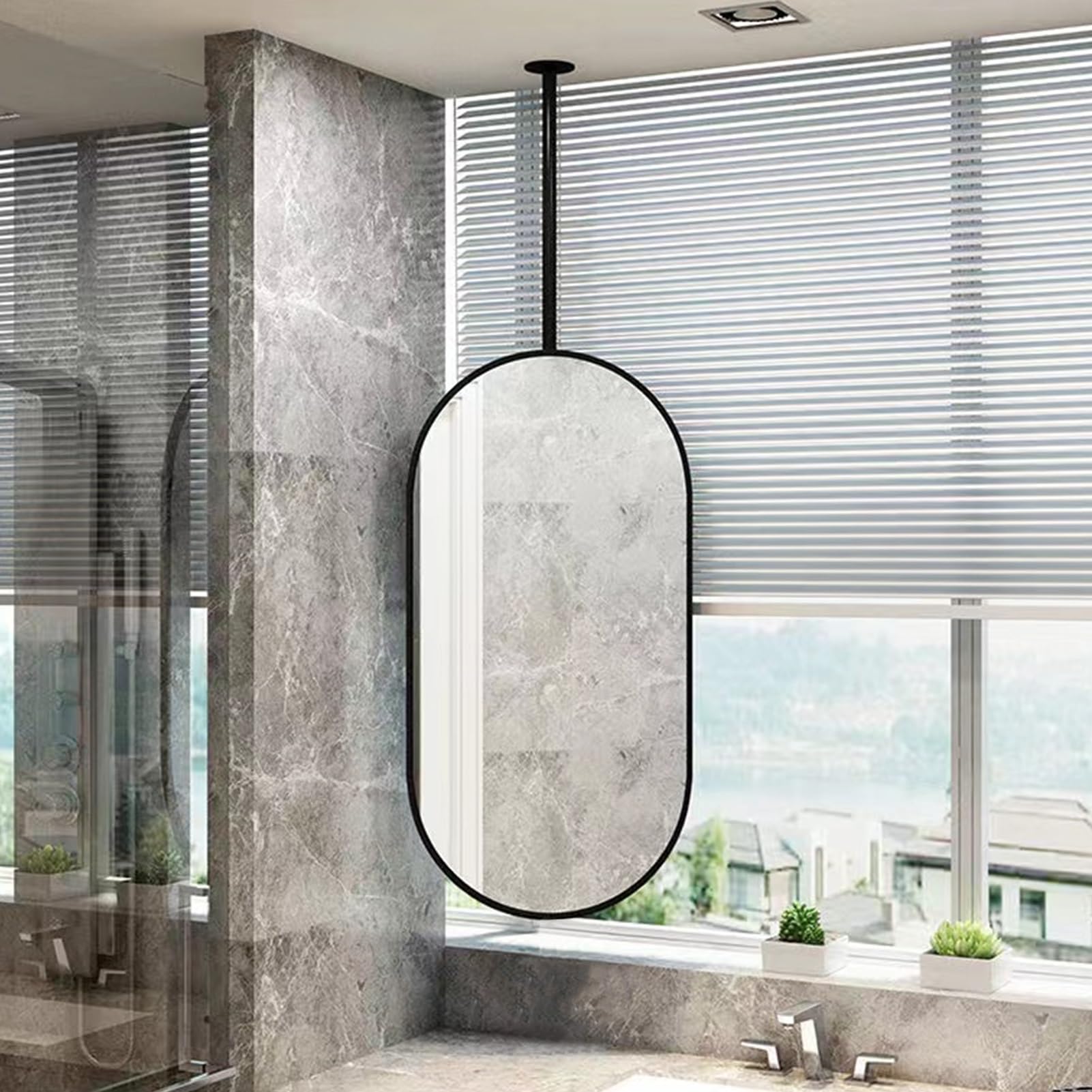 BKSXSOP Ceiling Mounted Hanging Rod Mirror with Oval Black Metal Frame and Rod, Decorative Simple Clear Practical, Bathroom Vanity - Boom Can Be customizable (Size : 50cmx70cm)