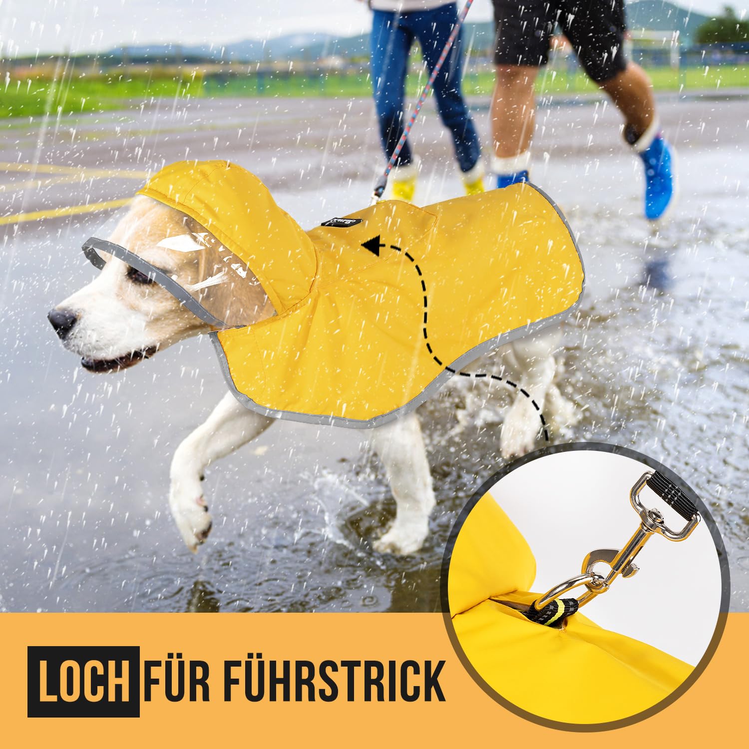 Eyein Wasserdichter Hunderegenmantel, Regenmantel für Große Hunde mit Kapuze und weichem Futter, Verstellbare Hunderegenjacke mit reflektierenden Streifen, Winddicht und leicht, Gelb, XXXL