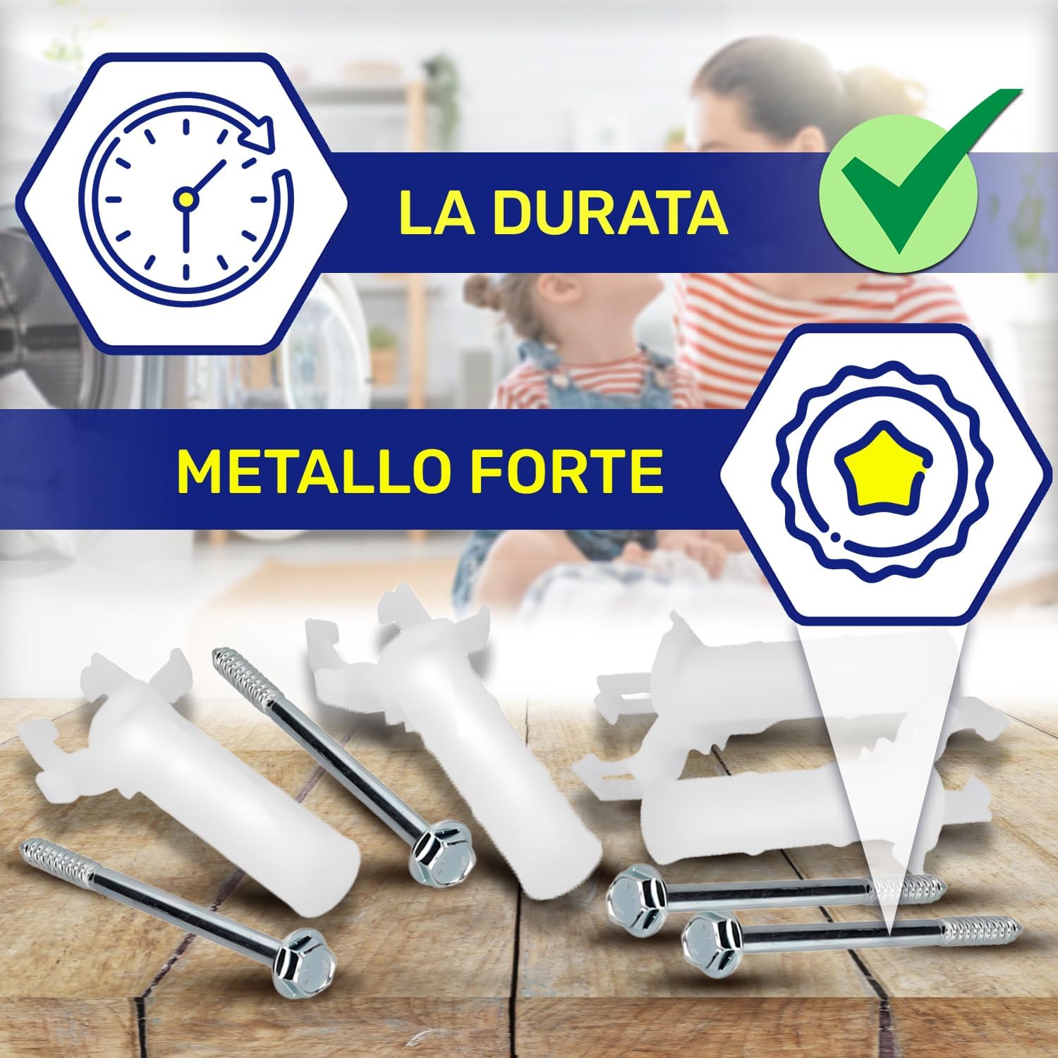 Image highlighting the durability and strong metal construction of the MONTERAL transport bolts, with icons for longevity and quality.