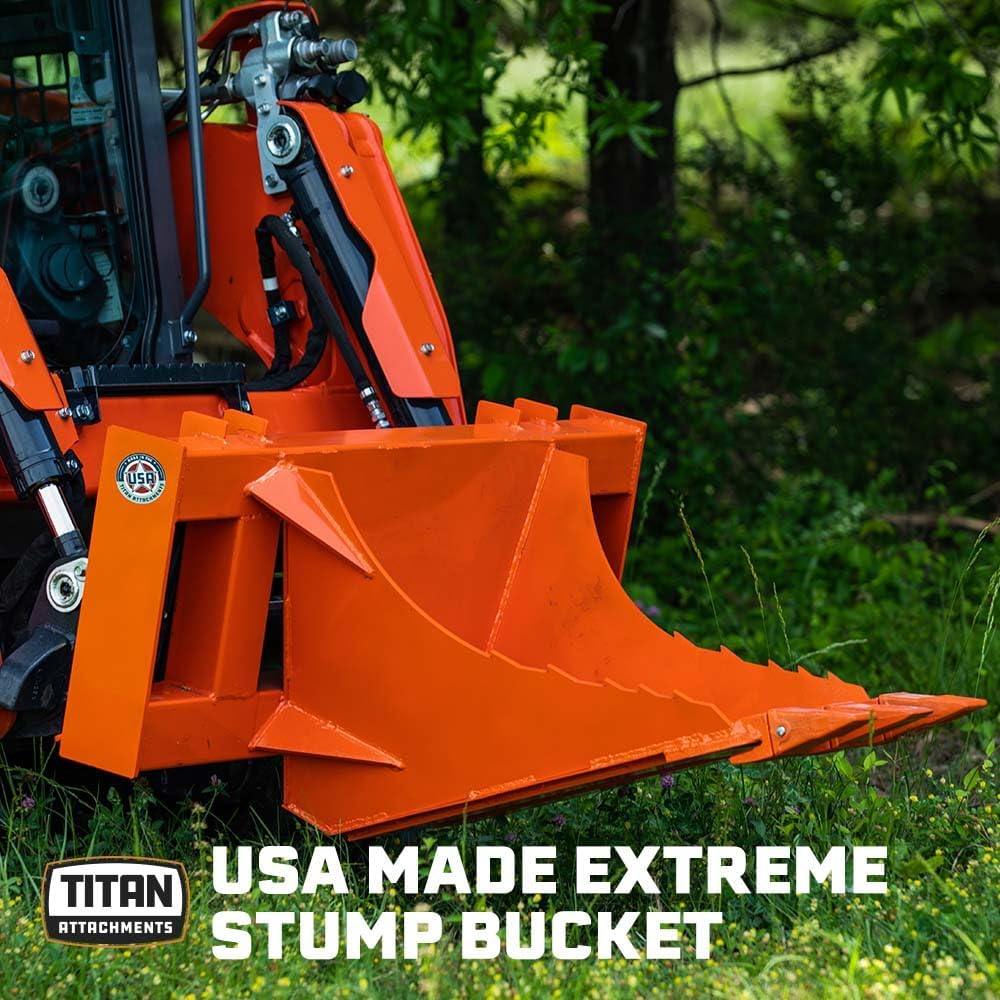 Titan Attachments USA Made Orange Extreme Stump Bucket, Skid Steer Tree Spade Stump Remover Digger, Serrated Leading Edge, Replaceable Teeth, Quick Tach Mounting Style