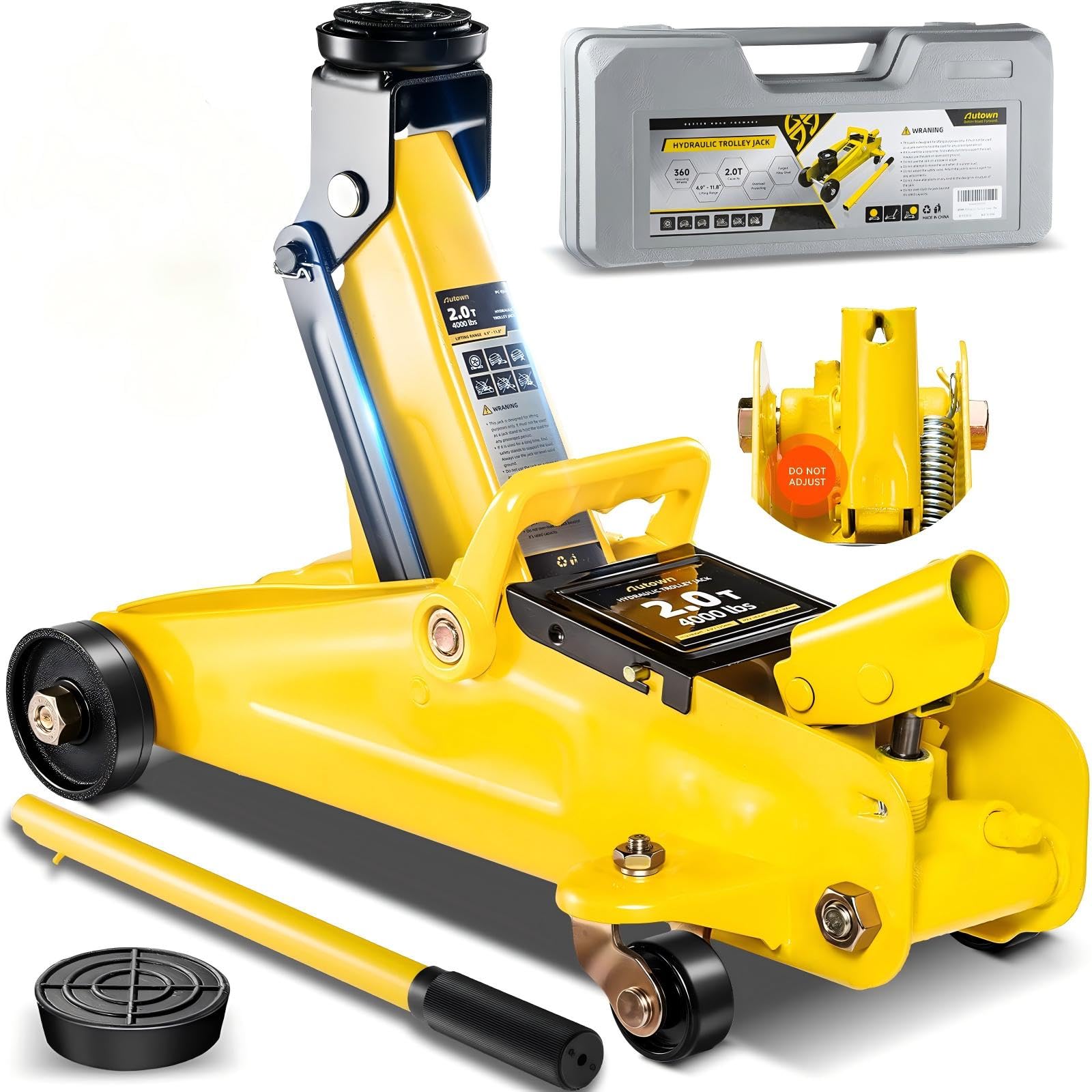 AUTOWN 2 Ton (4000 lbs) Low Profile Hydraulic Trolley Floor Jack Kits with Solid Storage Case and Rubber Pad, Portable Car Floor Jack with Lifting Range 4.9"-11.8", for Auto, Yellow