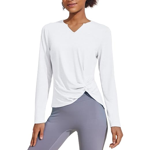 PINSPARK Womens Long Sleeve Shirts Workout Tops V Neck Twist Front Hiking Yoga Running Casual T-Shirt