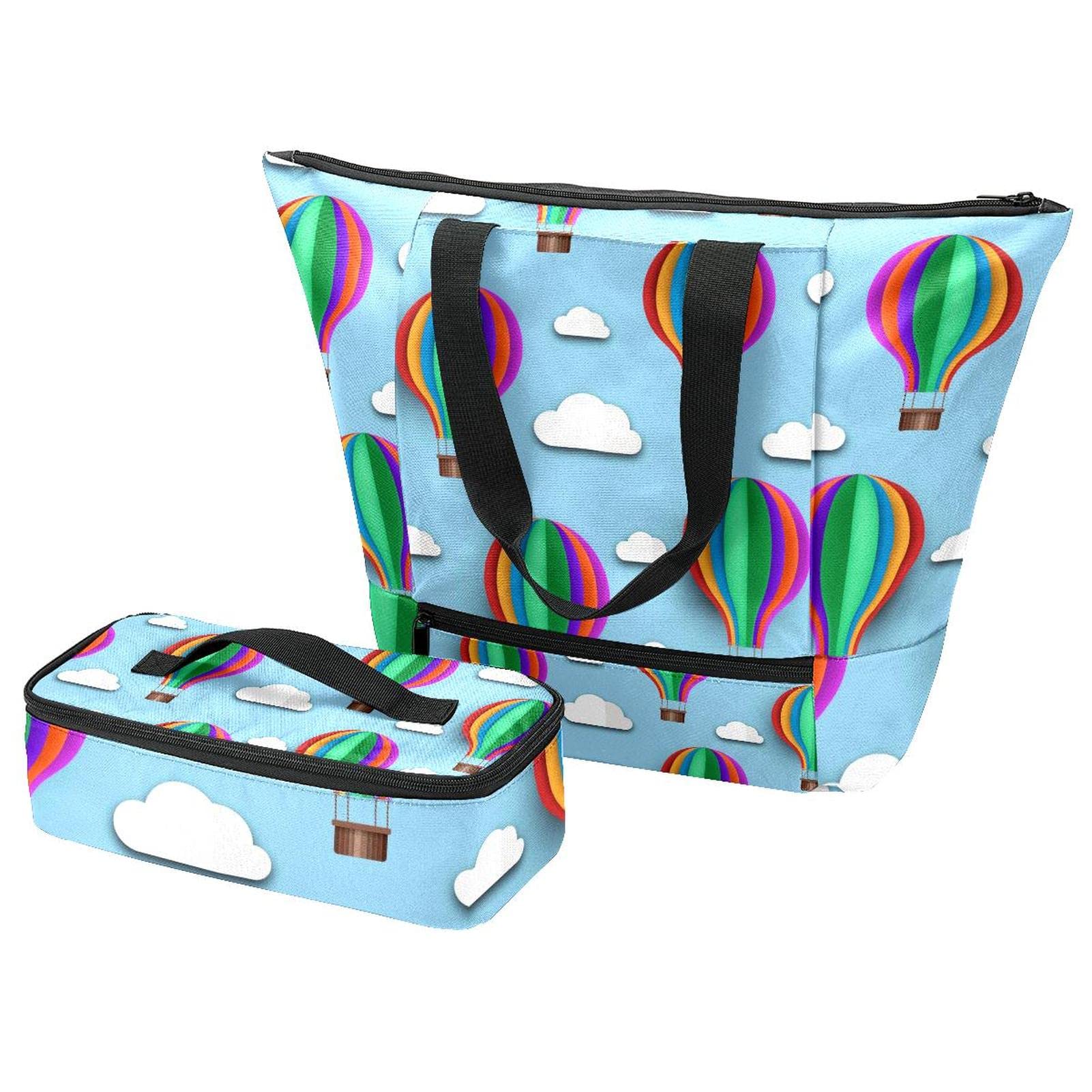 Sac fourre-tout et boîte à déjeuner bleu avec motif montgolfière et sacs isolants