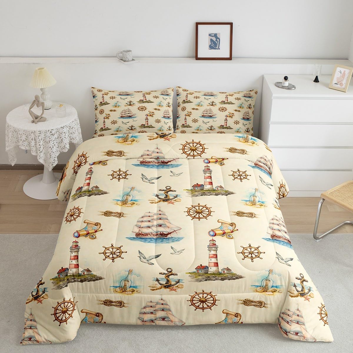Castle Fairy Sailing Boat Comforter Set Toddler Size 2 Pcs,Anchor Nautical Style Bedding Set,Ocean Adventure Quilt Set for Child Bedroom,Duvet Insert,1 Pillowcase