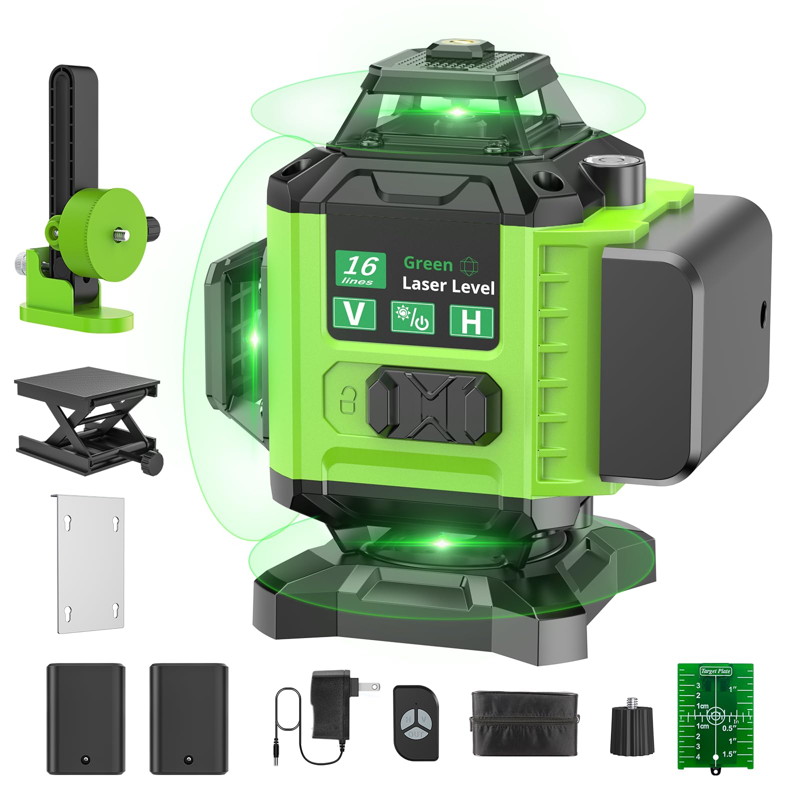 Nivel Laser Autonivelante 360 Grados, Nivel Láser Verde 16 Líneas, 2 x 360 Horizontal y 2 x 360 Verticales, 2 x Batería, Montaje en Pared, Control Remoto, Base Magnética, Soporte Giratorio