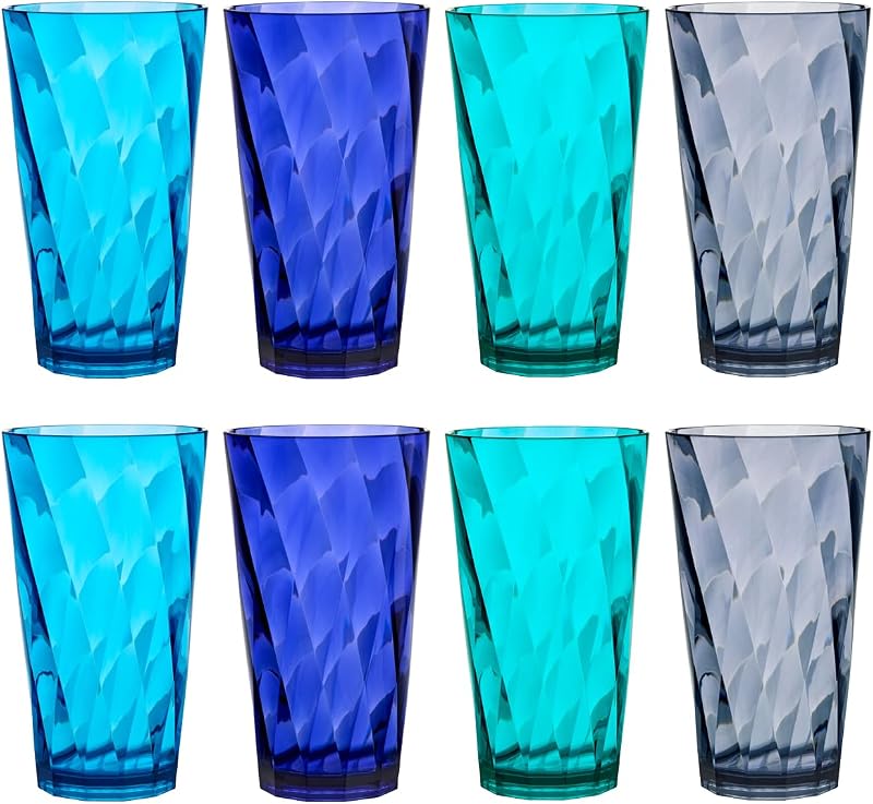 Vasos reutilizables de plástico acrílico Optix de EE. UU. (juego de 8) vasos de agua de 20 oz en colores costeros | Vasos sin BPA, fabricados en EE. UU. | Apto para lavavajillas en la rejilla superior