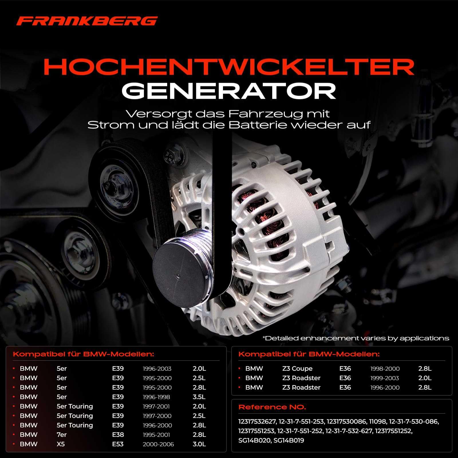 Frankberg Lichtmaschine Generator Kompatibel mit 5er E39 520i 523i 528i 535i 2.0L-3.5L 1995-2003 7er E38 728i iL 2.8L 1995-2001 X5 E53 3.0L 2000-2006 Z3 Coupe E36 Replace# 12317532627
