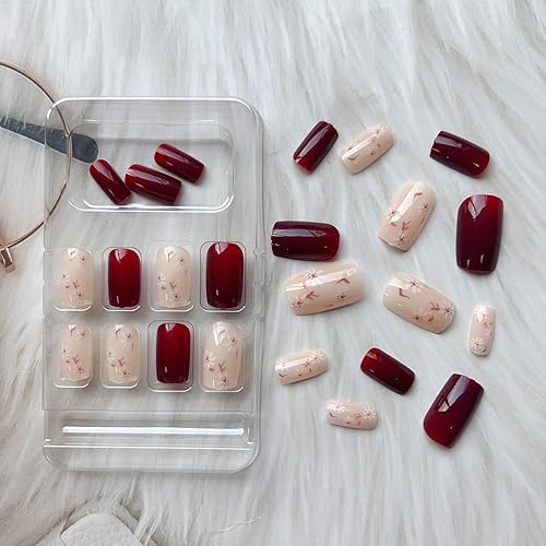 Miniatura 4 de Uñas postizas medianas a presión, uñas postizas a presión con forma cuadrada, uñas postizas de color rojo vino brillante, uñas adhesivas