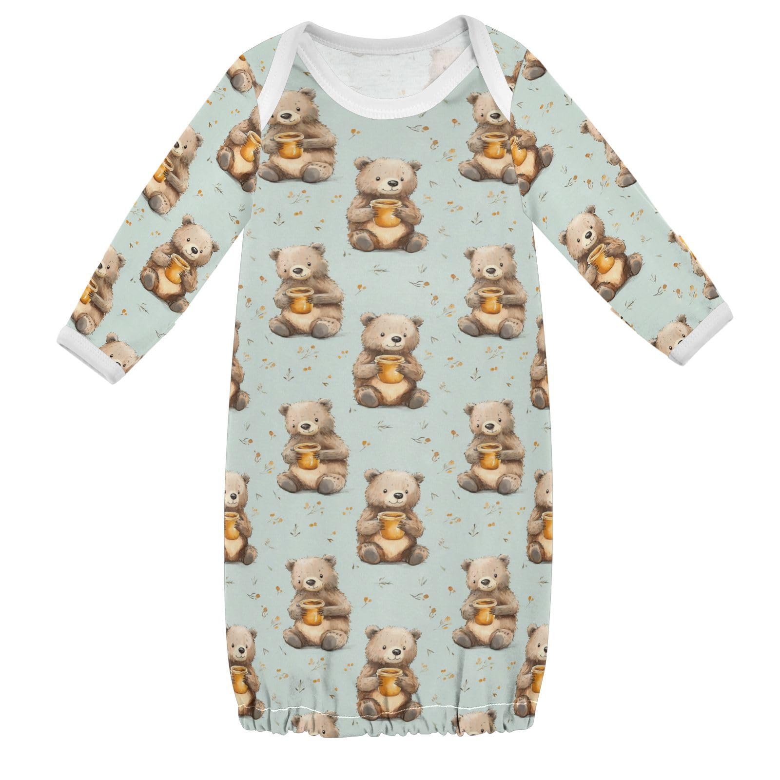 vvfelixl Brown Bear Honey Baby Gown,Baby Sleepers Gown for Boy Girls Newborn Babys Nightgown for 6-12 Months Infant Cotton Nightdress Long Sleeve