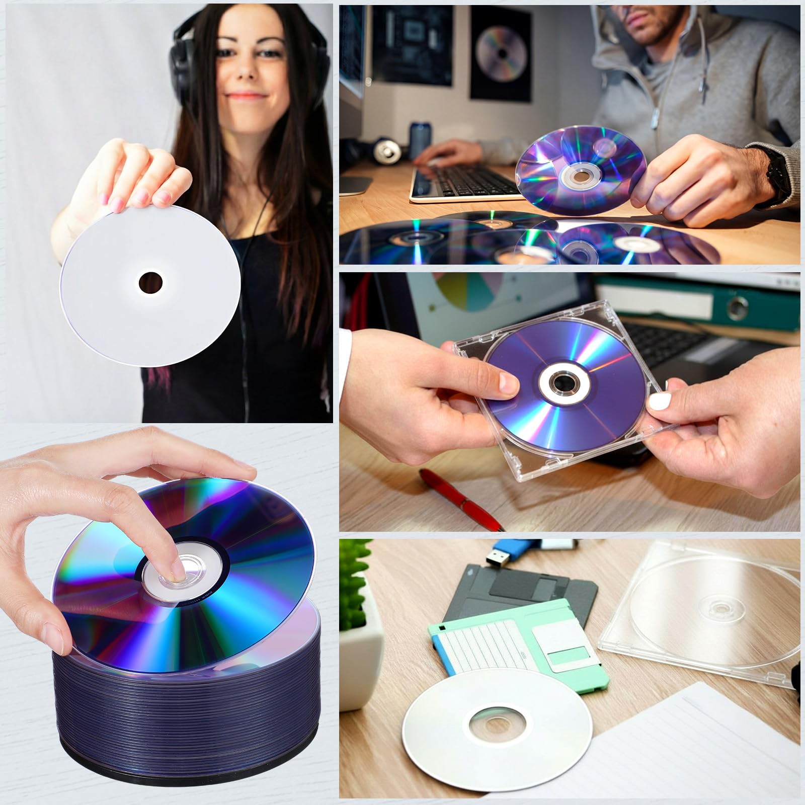 50 discos grabables en blanco de 4,7 GB, 120 minutos, 1-16 discos DVD-R imprimibles en blanco con 50 fundas transparentes para video VCR, cámara, datos de música (eje, blanco)