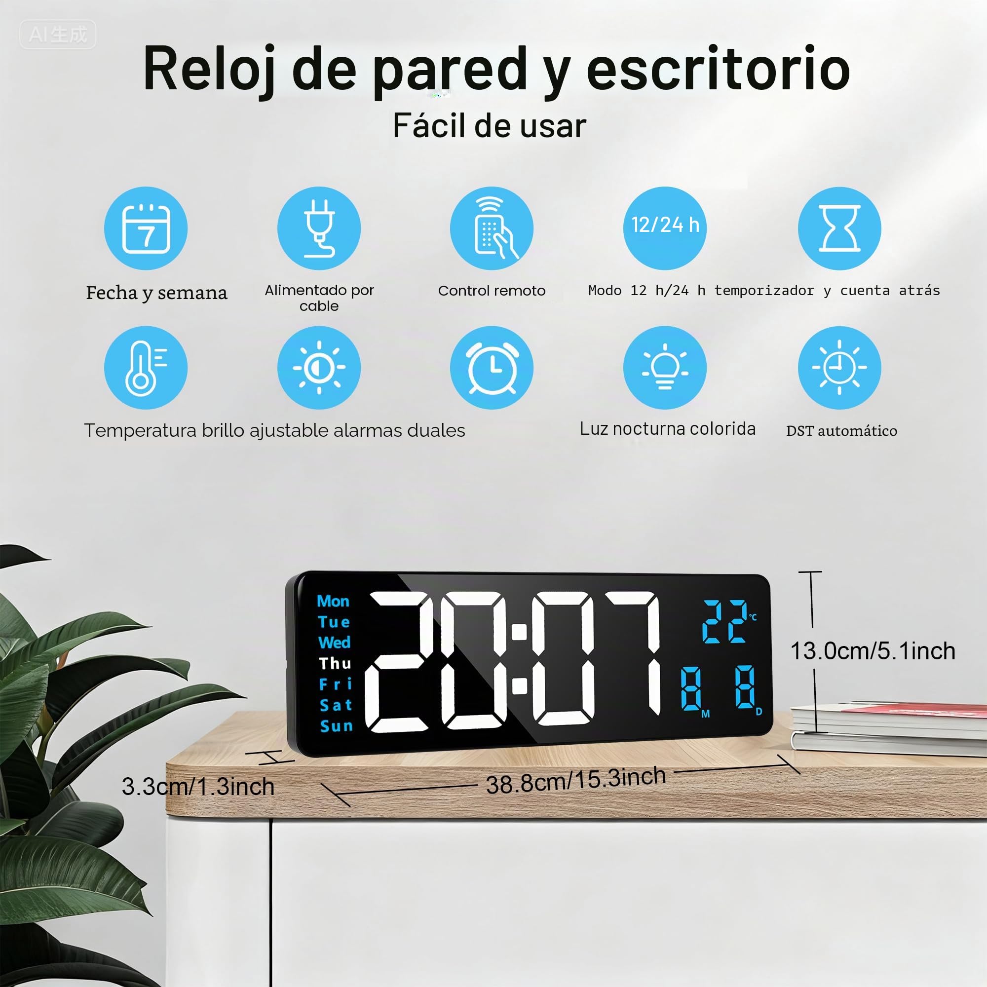 Lafocuse Reloj Digital de Pared 16" LED Azul Grande, con Luz Nocturna de 9 Colores RGB, Mando, Doble Alarma, Brillo Automático, Temperatura, Fecha, 12/24 Horas, Cuenta Atrás, para Salon Cocina Oficina