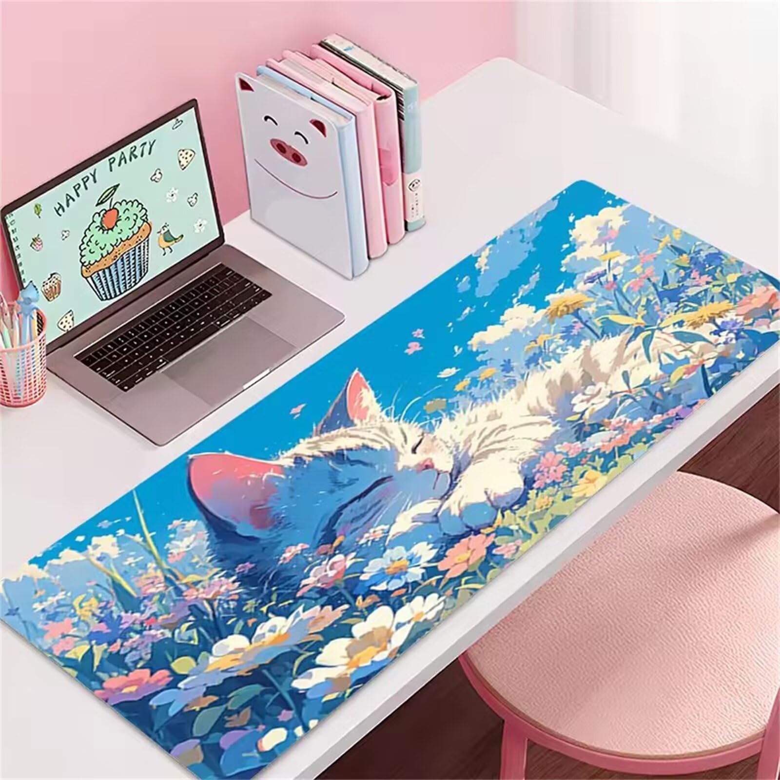 Grand Tapis de Souris XXL Chat Animal Fleur 1000 x 500 x 3mm, Tapis de Bureau Gamer avec Bords Cousus et Base Antidérapante pour Haute Précision et Vitesse