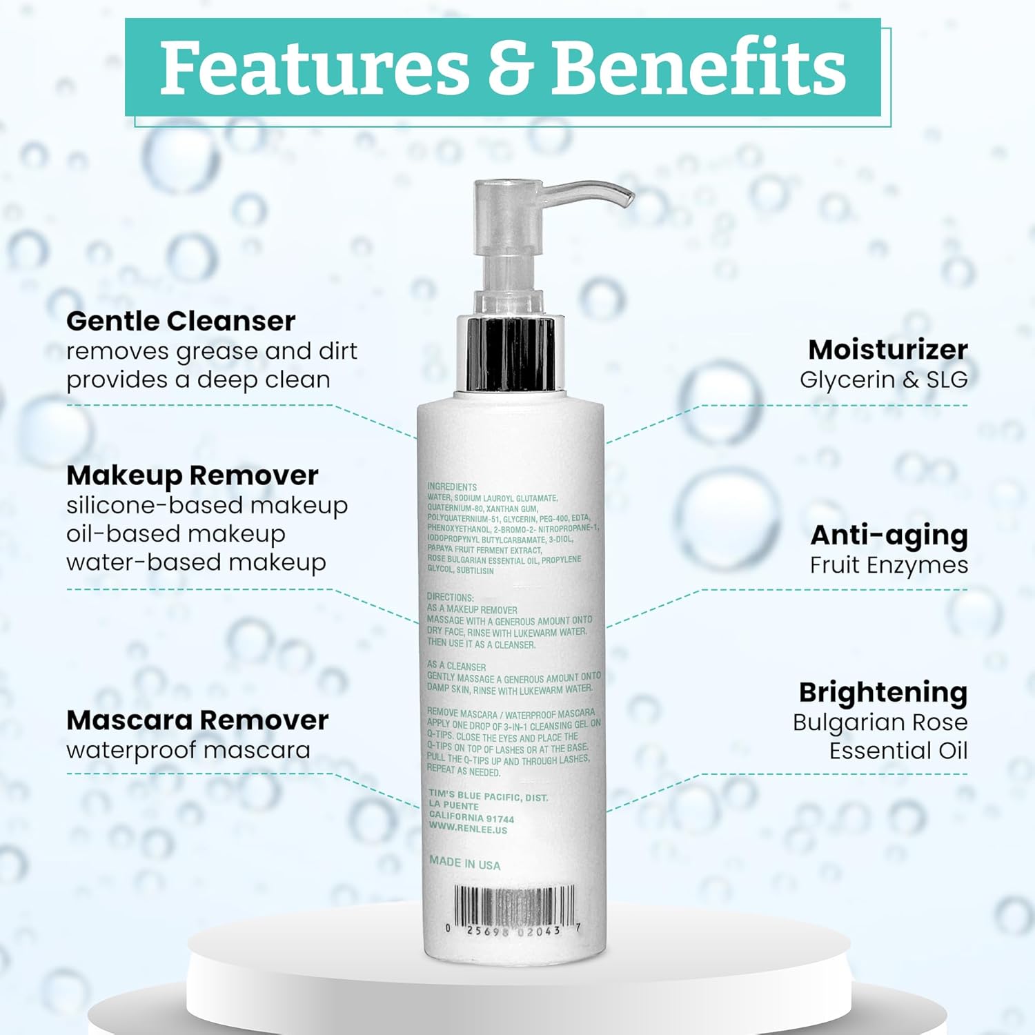 RenLee® 3-in-1 Cleansing Gel with Rose Essential Oil Made in USA, Face Wash for Women & Men, Makeup Remover, Face Painting Remover, Perfect for Kids and Teens (10-12). Moisturize All Skin Types
